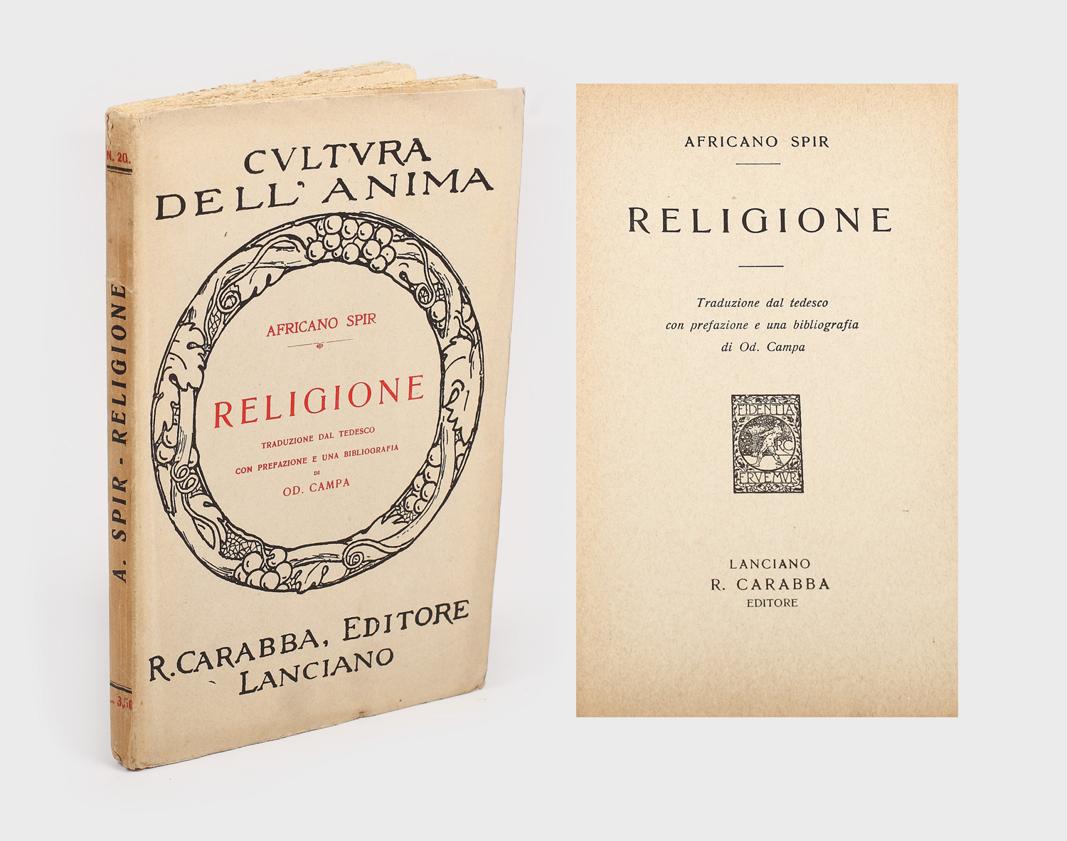 Africano Spir - Religia, traducere în limba italiană, 1929, exemplar cu semnătura olografă a scriitorului Mircea Eliade