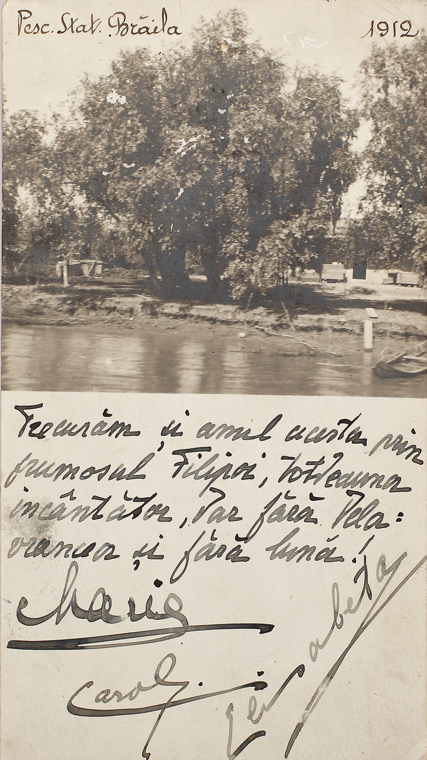 Vedere din Delta Dunării adresată lui Barbu Delavrancea în 1912 de către viitoarea Regină Maria și de către doi dintre copiii săi, viitorul Rege Carol II și principesa Elisabeta, purtând semnăturile olografe ale expeditorilor