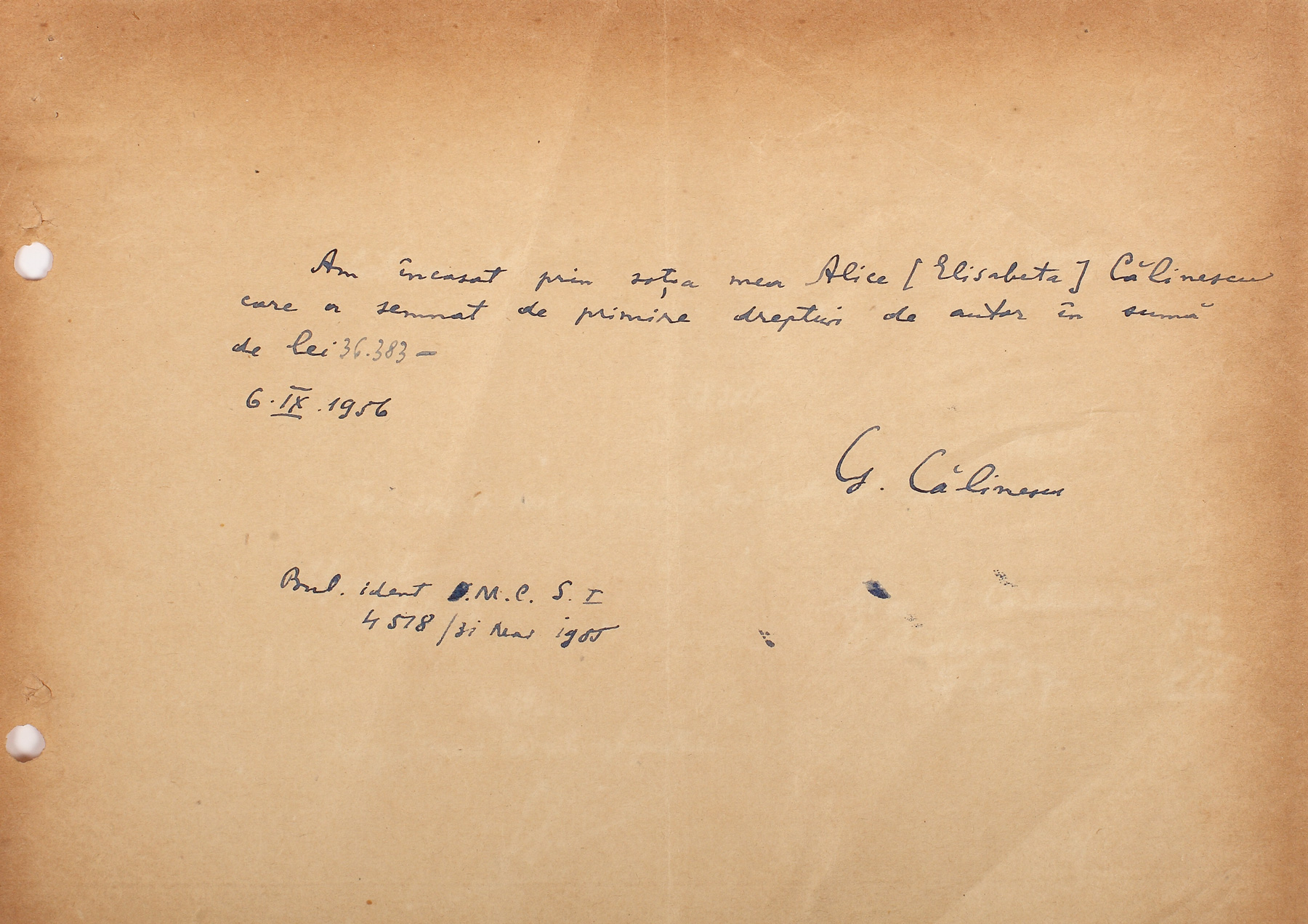 Chitanță de mână scrisă de criticul literar George Călinescu, purtând semnătura olografă
