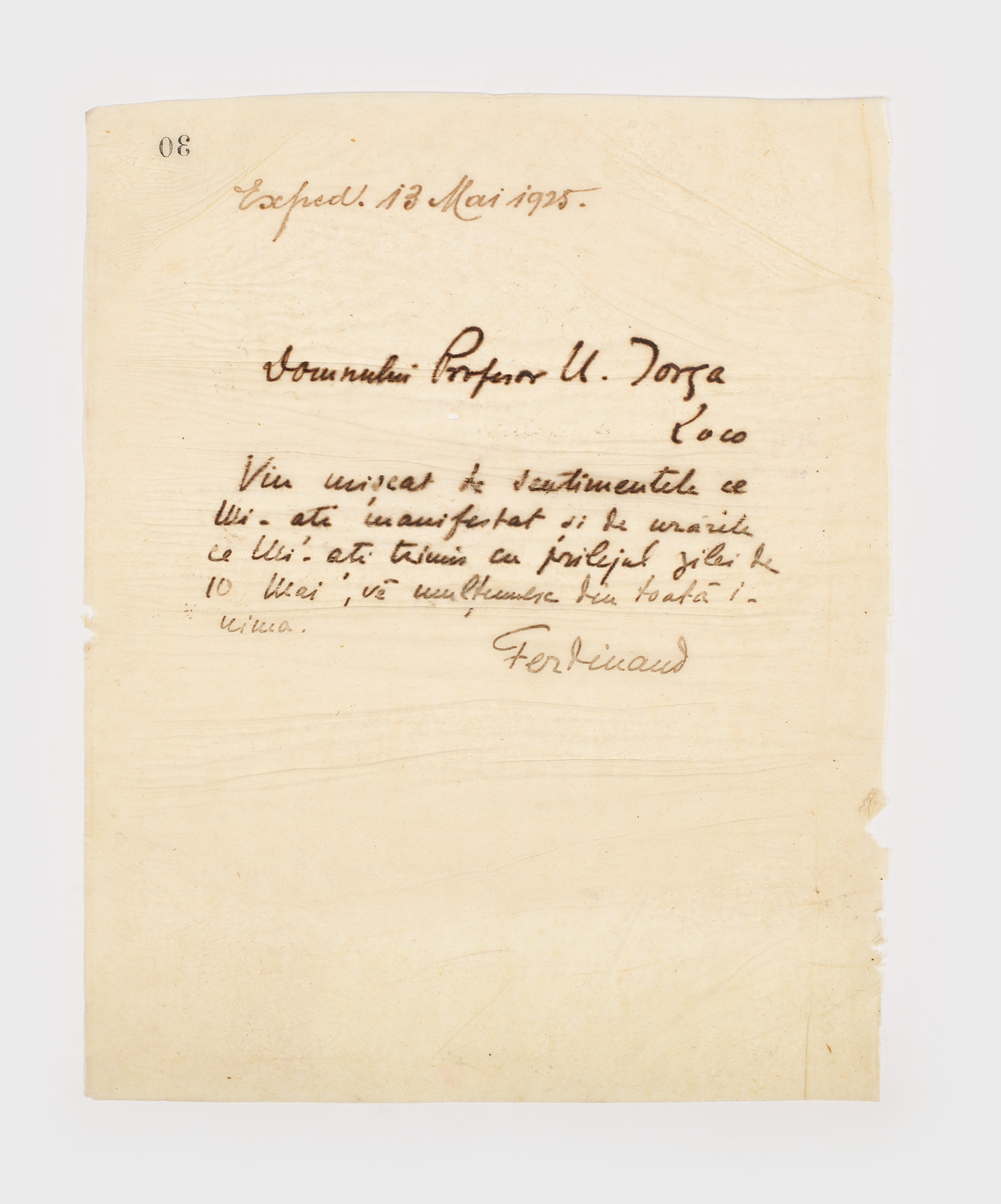 Scrisoare a Regelui Ferdinand către Nicolae Iorga, purtând semnătura olografă