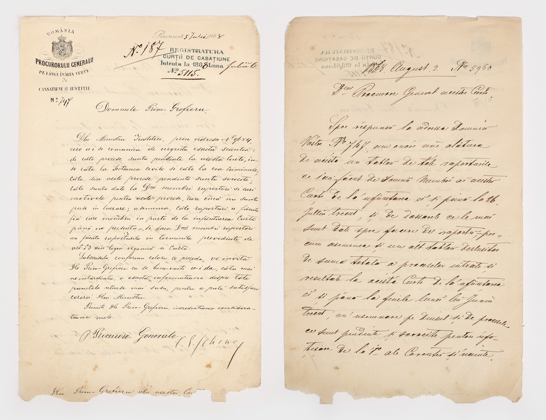 Scrisoare a procurorului general al României din 1868, Eustație Schina, purtând semnătura olografă