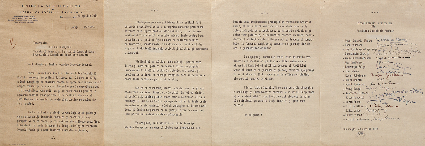 Mesaj al Uniunii Scriitorilor adresat lui Nicolae Ceaușescu, purtând semnătura olografă a lui Zaharia Stancu