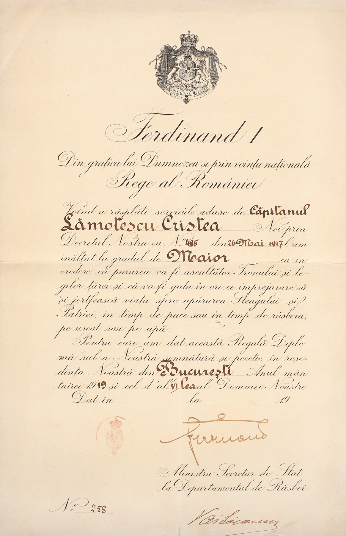 Brevet de înaintare în grad de maior purtând semnătura olografă a Regelui Ferdinand I