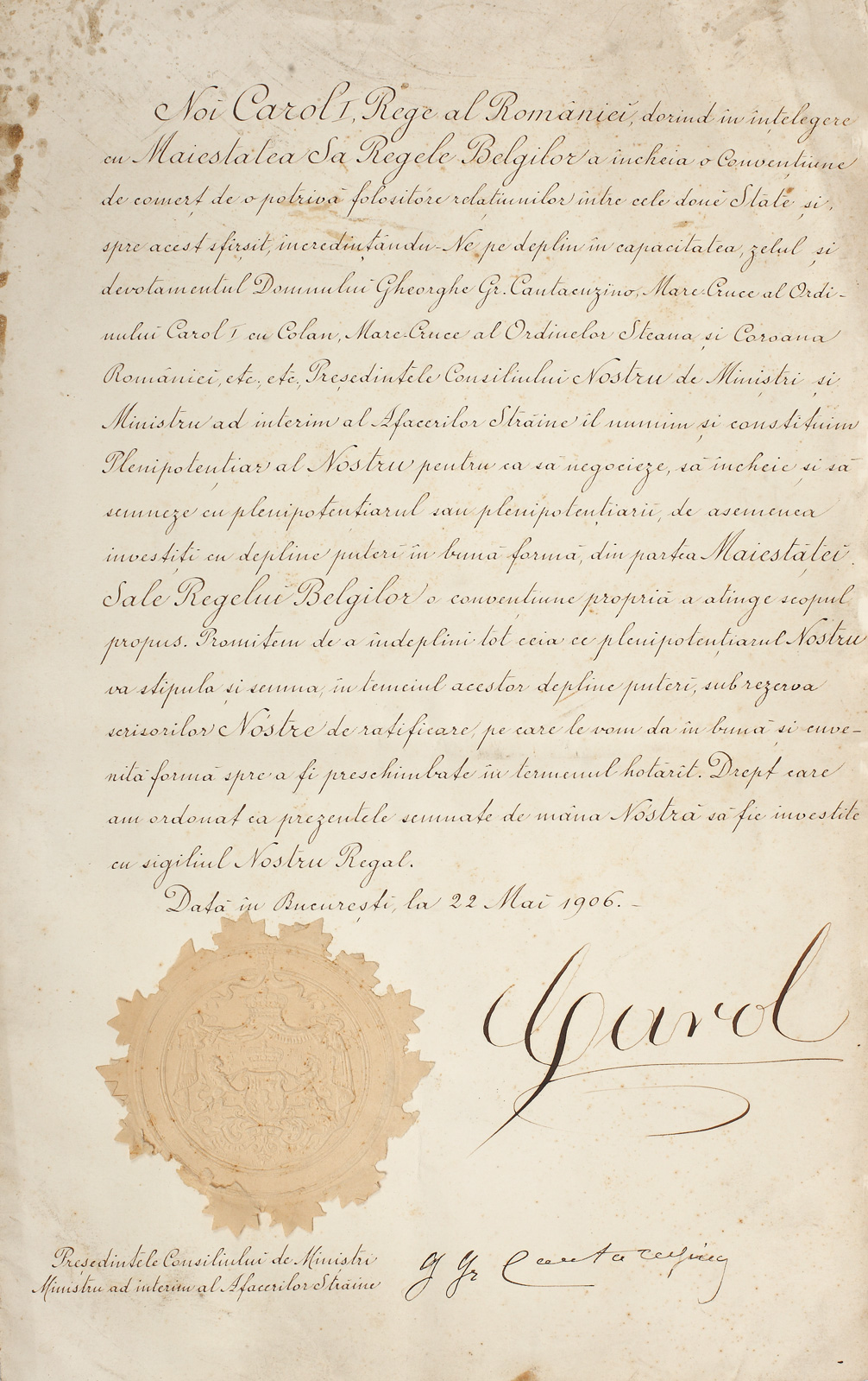 Decret de numire a lui Gheorghe Gr. Cantacuzino-Nababul ca ministru plenipotențiar pentru relația cu Regatul Belgiei, cu semnăturile olografe a regelui Carol I și a lui Gheorghe Gr. Cantacuzino-Nababul