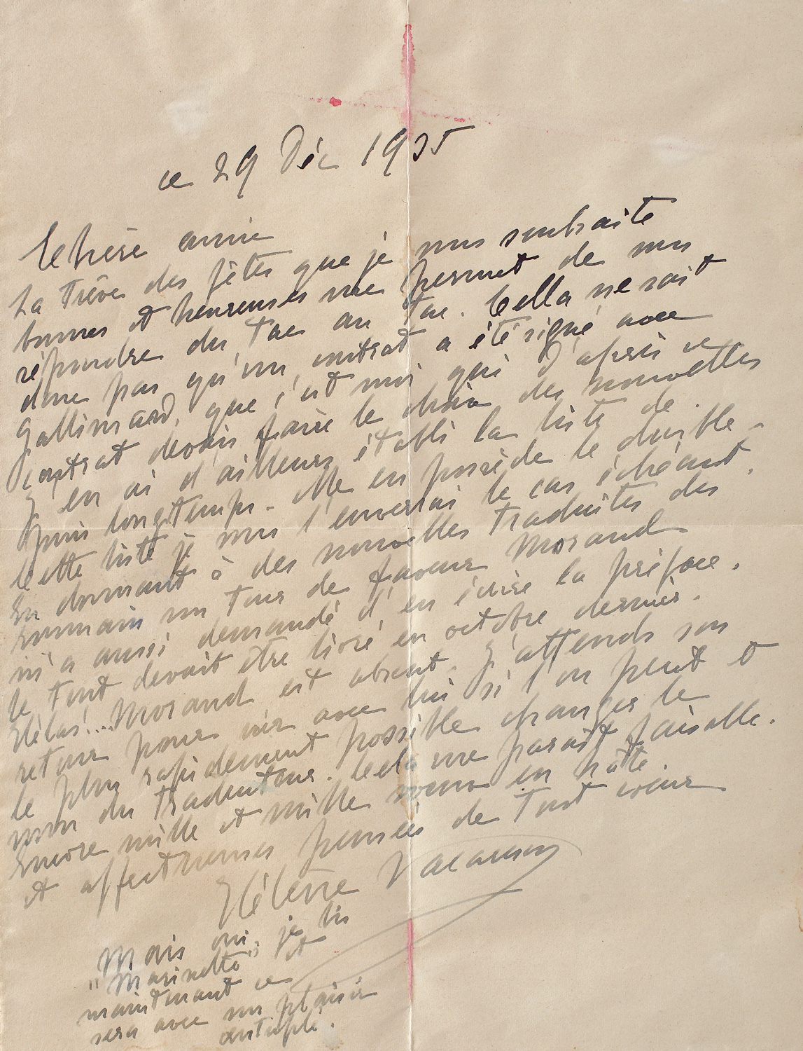 Scrisoare a scriitoarei Elena Văcărescu, purtând semnătura olografă