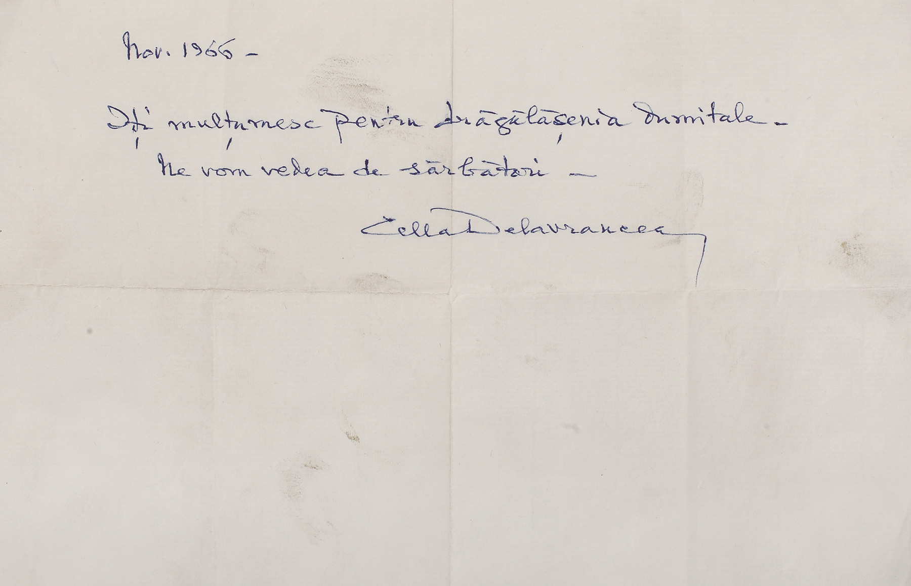 Depeșă trimisă de pianista Cella Delavrancea, purtând semnătura olografă