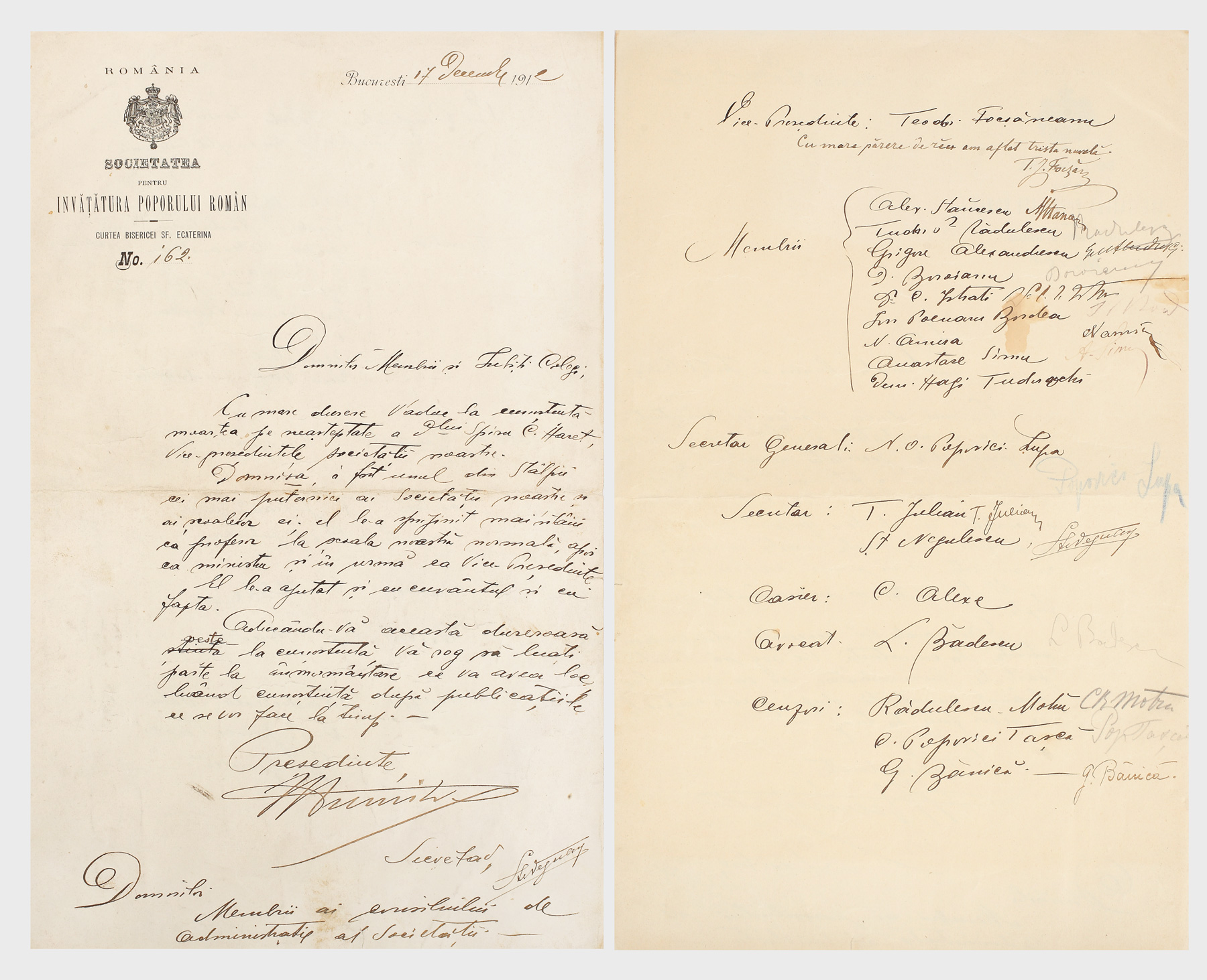 Scrisoare de condoleanțe la moartea lui Spiru Haret, adresată de Societatea pentru Învățătura Poporului Român membrilor săi, purtând semnăturile olografe ale românistului Constantin Rădulescu-Motru, colecționarului Anastase Simu și dr. Constantin Istrati