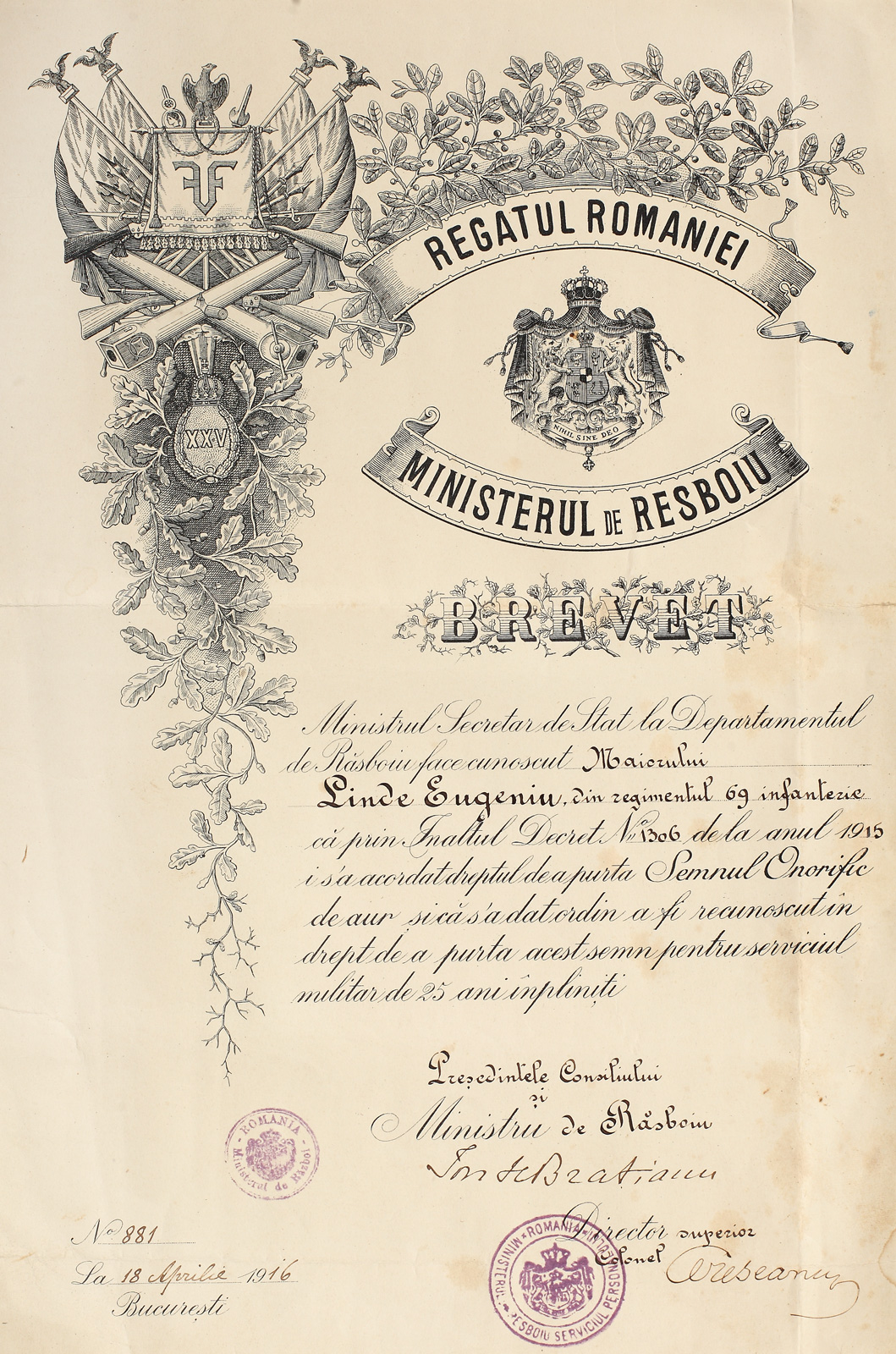 Brevet de acordare a Semnului Onorific de Aur pentru 25 de ani de serviciu militar, purtând semnătura olografă a lui Ion I.C. Brătianu