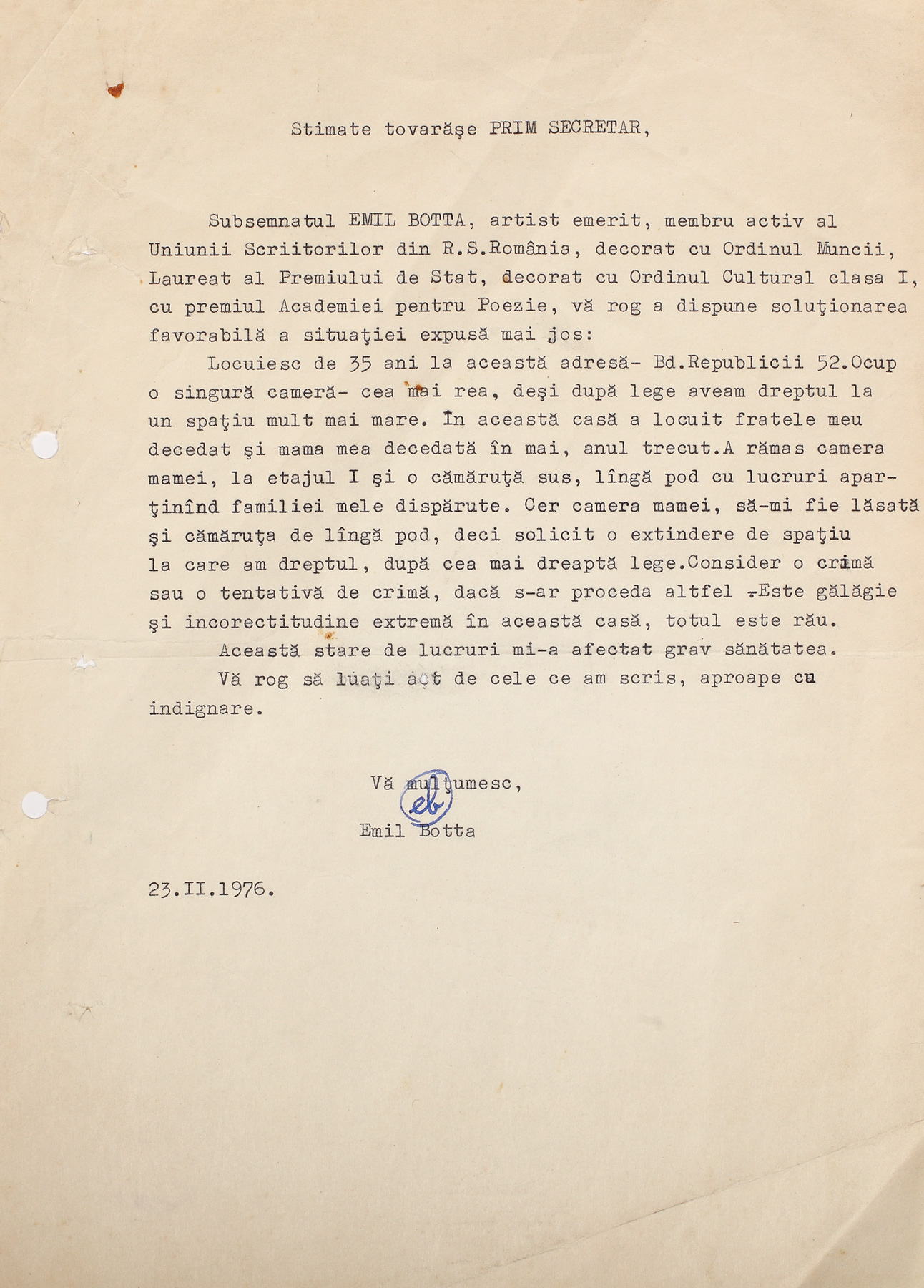 Scrisoare dactilografiată a poetului Emil Botta, solicitând acordarea dreptului de a păstra locuința după decesul mamei sale, purtând semnătura olografă