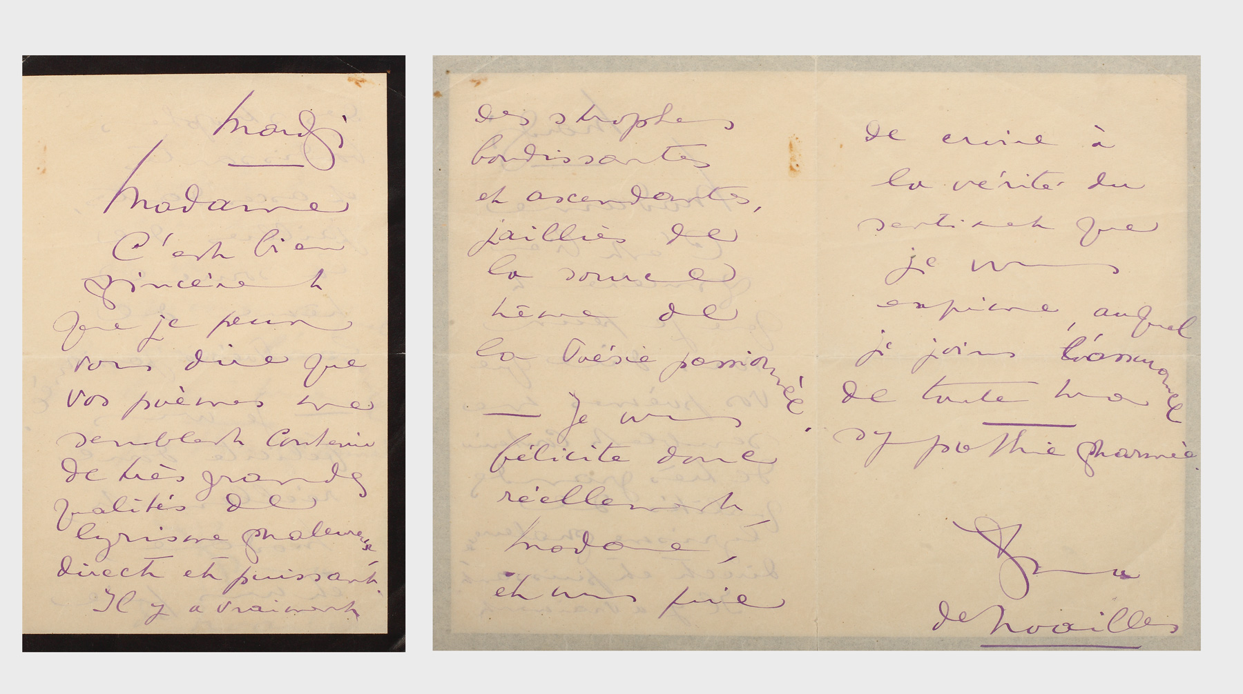 Scrisoare a scriitoarei Anna de Noailles, purtând semnătura olografă