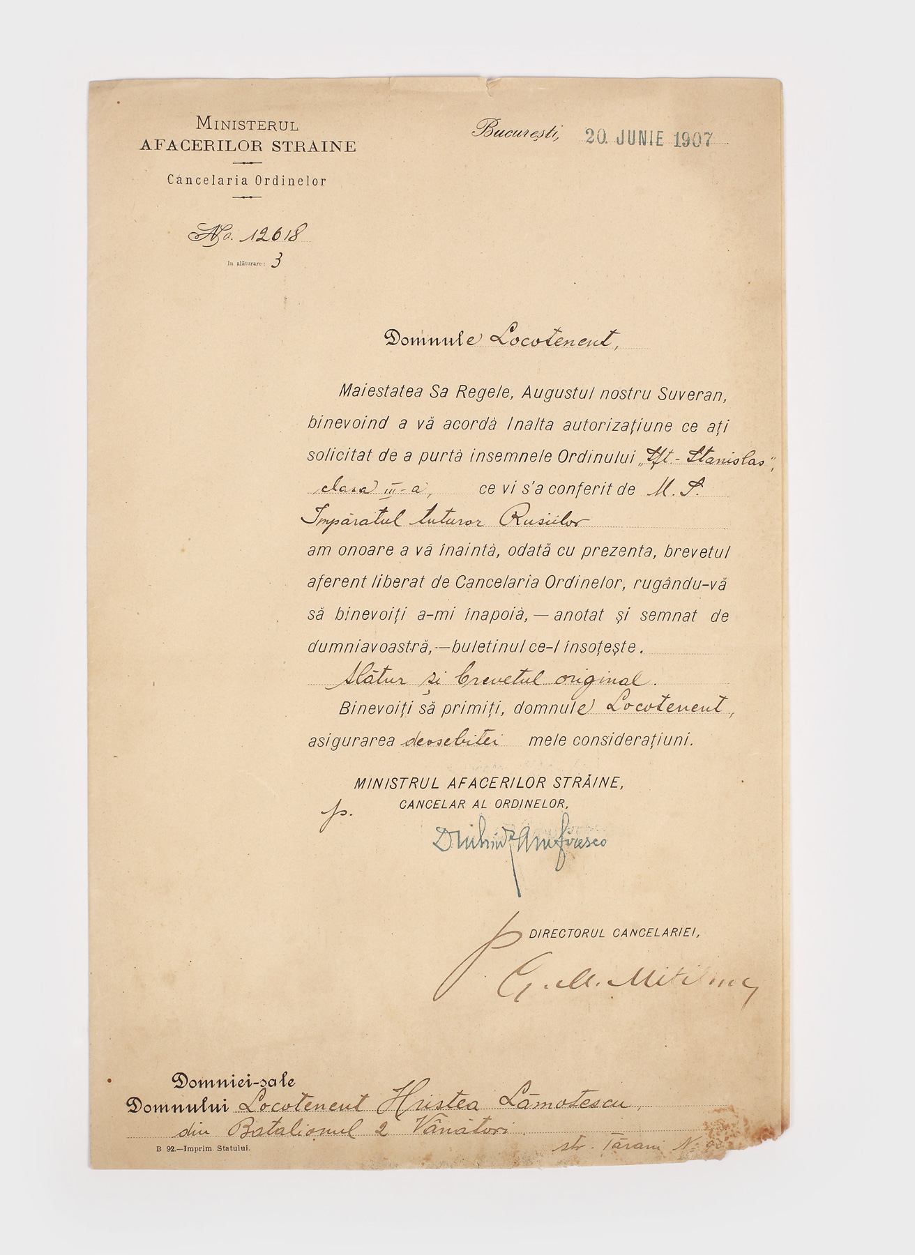 Scrisoare de acordare a dreptului de a purta Ordinul Sf. Stanislav al Rusiei, purtând semnăturile olografe ale politicienilor Duiliu Zamfirescu și Ion Mitilineu
