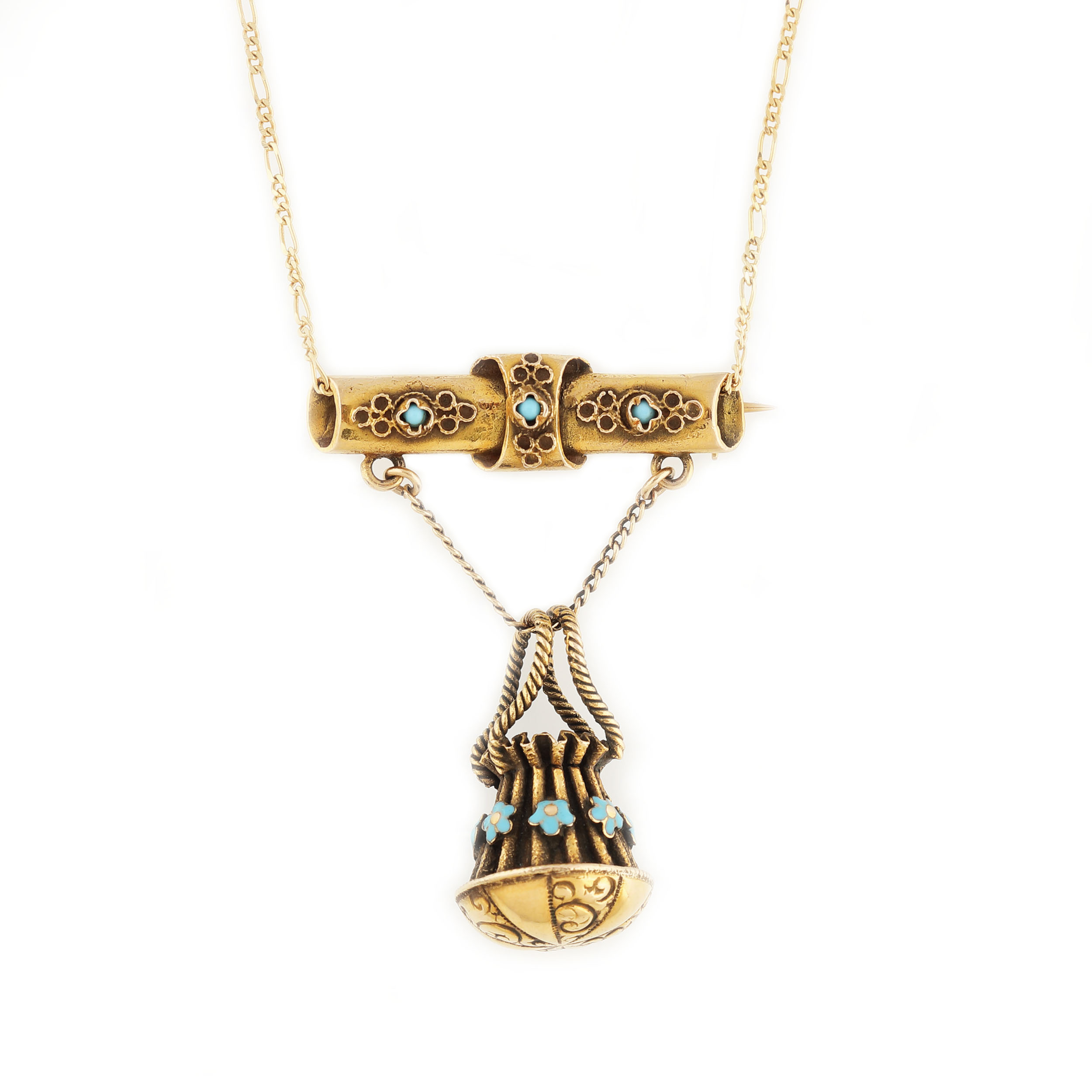 Chain with gold broach-pendant, decorated with enamel and turquoise