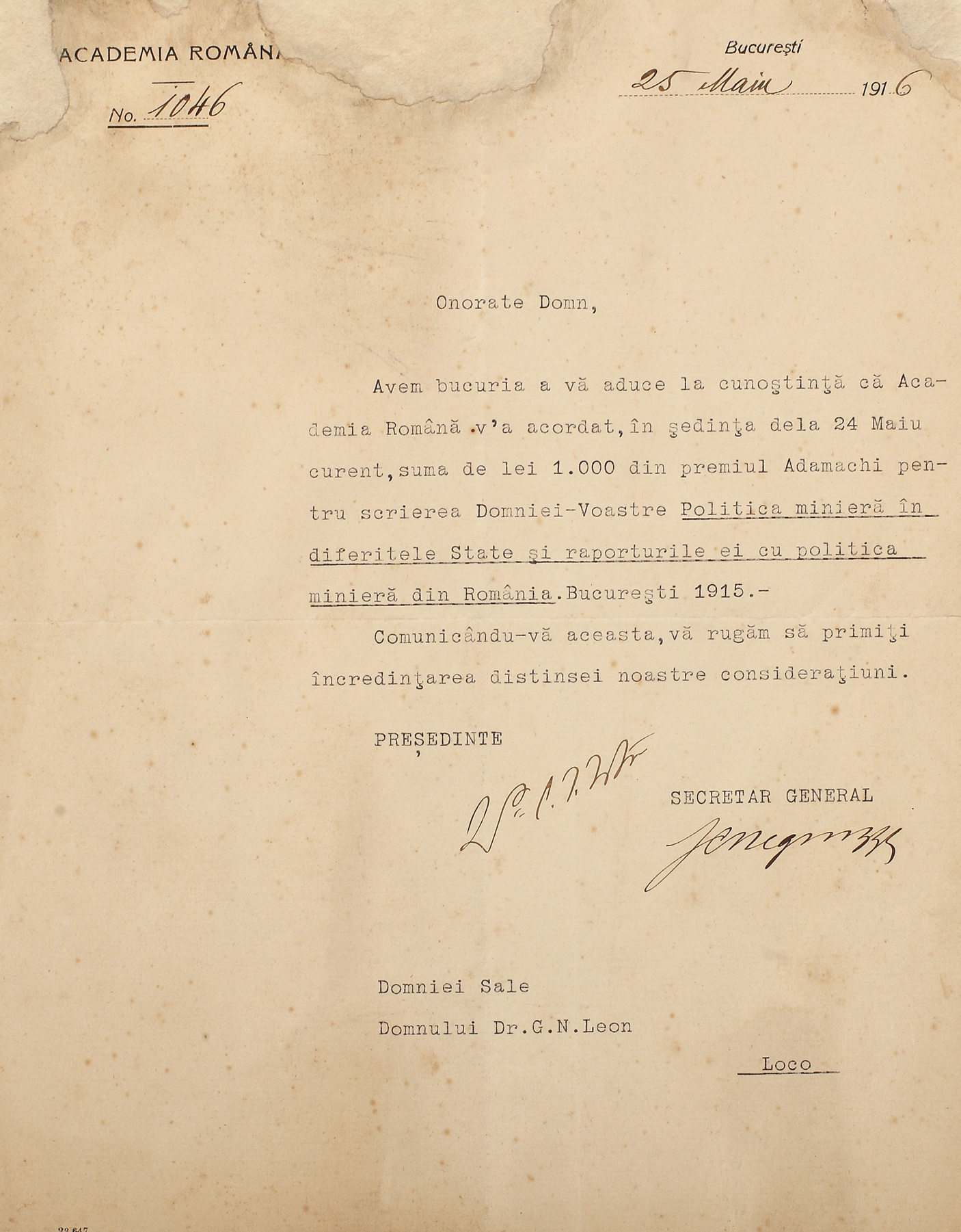 Scrisoare dactilografiată, a Academiei Române, purtând semnăturile olografe ale dr. Constantin Istrati, președintele Academiei Române în 1916 și a lui Iacob Negruzzi, secretar general al Academiei