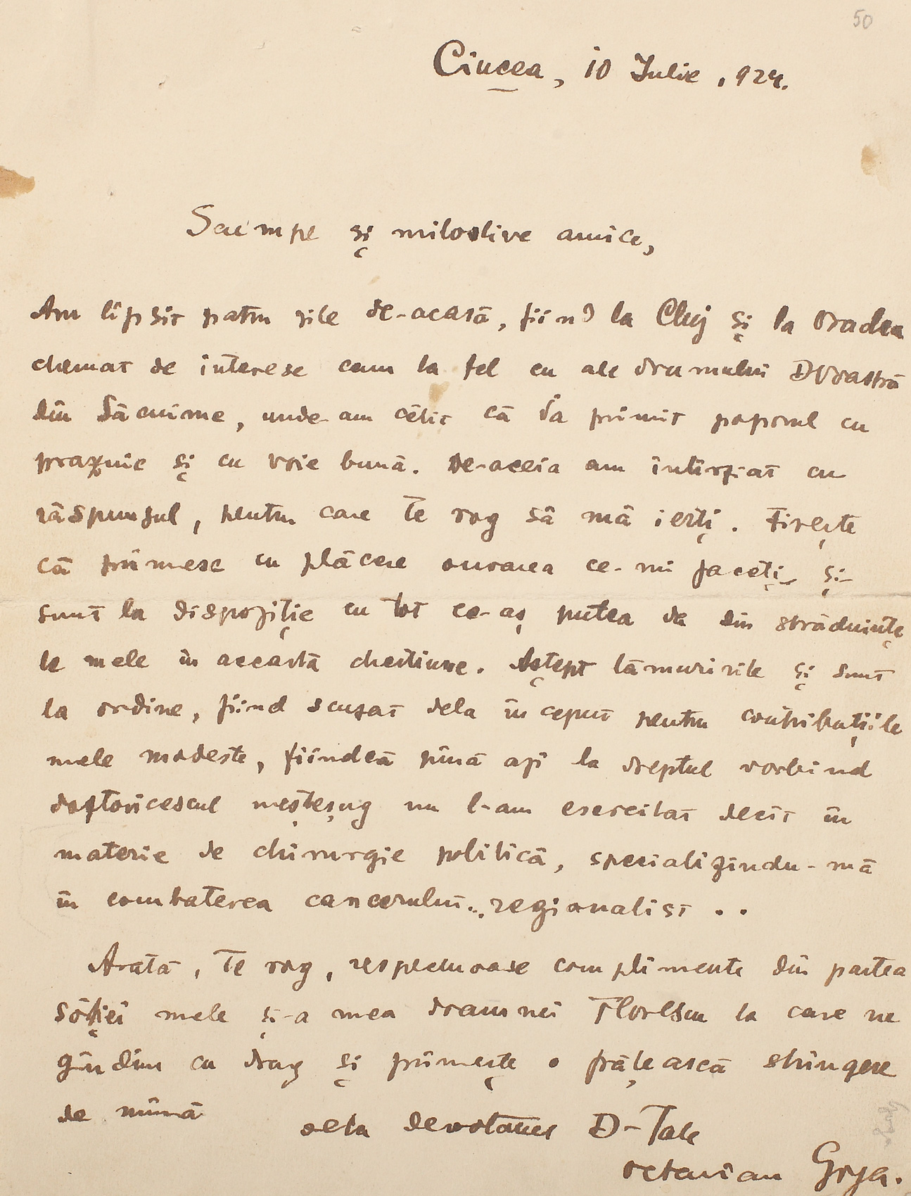 Scrisoare a poetului Octavian Goga, purtând semnătura olografă