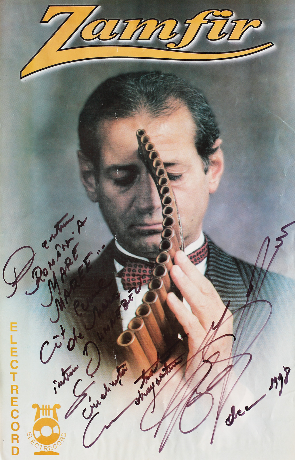 Afiș cu autograful muzicianului Gheorghe Zamfir