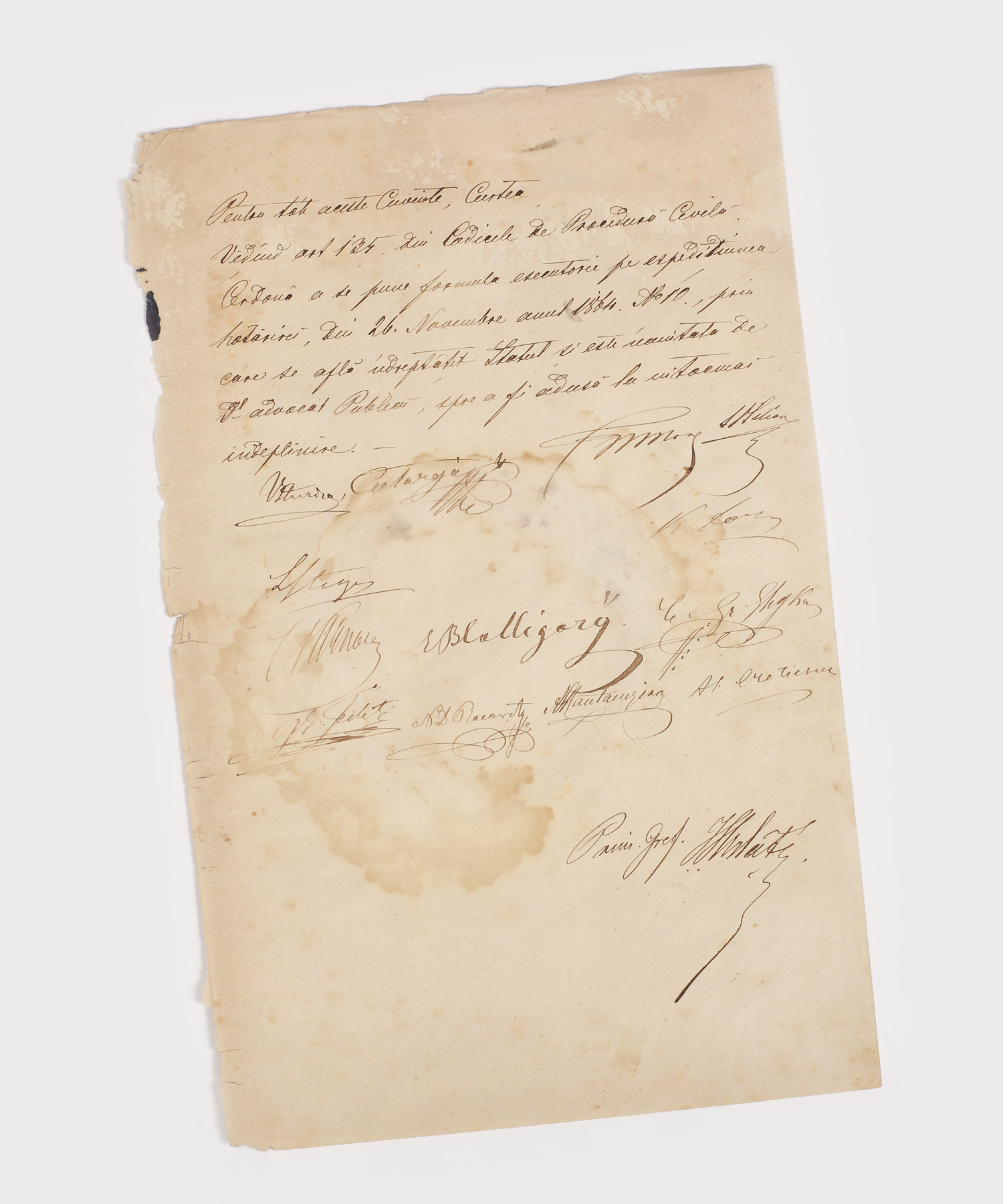 Decizie a Curții de Casație a României, 1864, purtând semnăturile olografe ale membrilor: I. Sturdza, Al. Catargiu, P. Manu, Scarlat Gr. Ghika, Al. Cantacuzino, Șt. Sillion, Ludwig Steege, C. Vârnav, Ernest B. Calligary, G. Filitis, N.D. Racoviță și alții