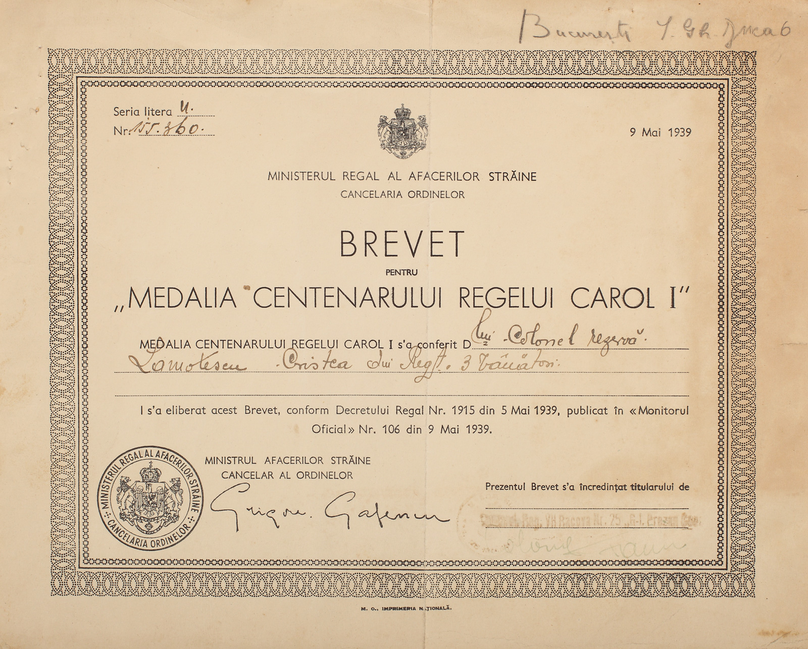 Brevet pentru ”Medalia Centenarului Regelui Carol I”, purtând semnătura ministrului afacerilor străine Grigore Gafencu