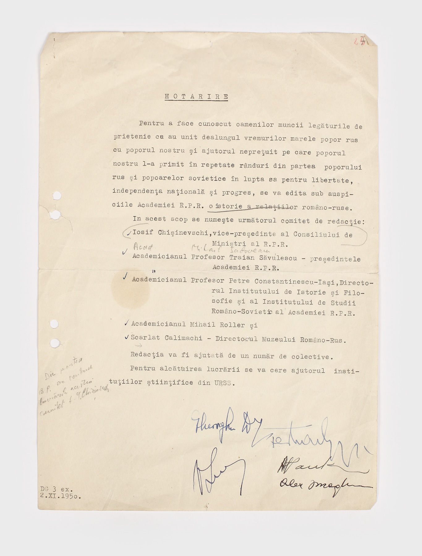 Document de numire a comitetului de redacție pentru publicarea istoriei relațiilor româno-ruse, 2 Noiembrie 1950