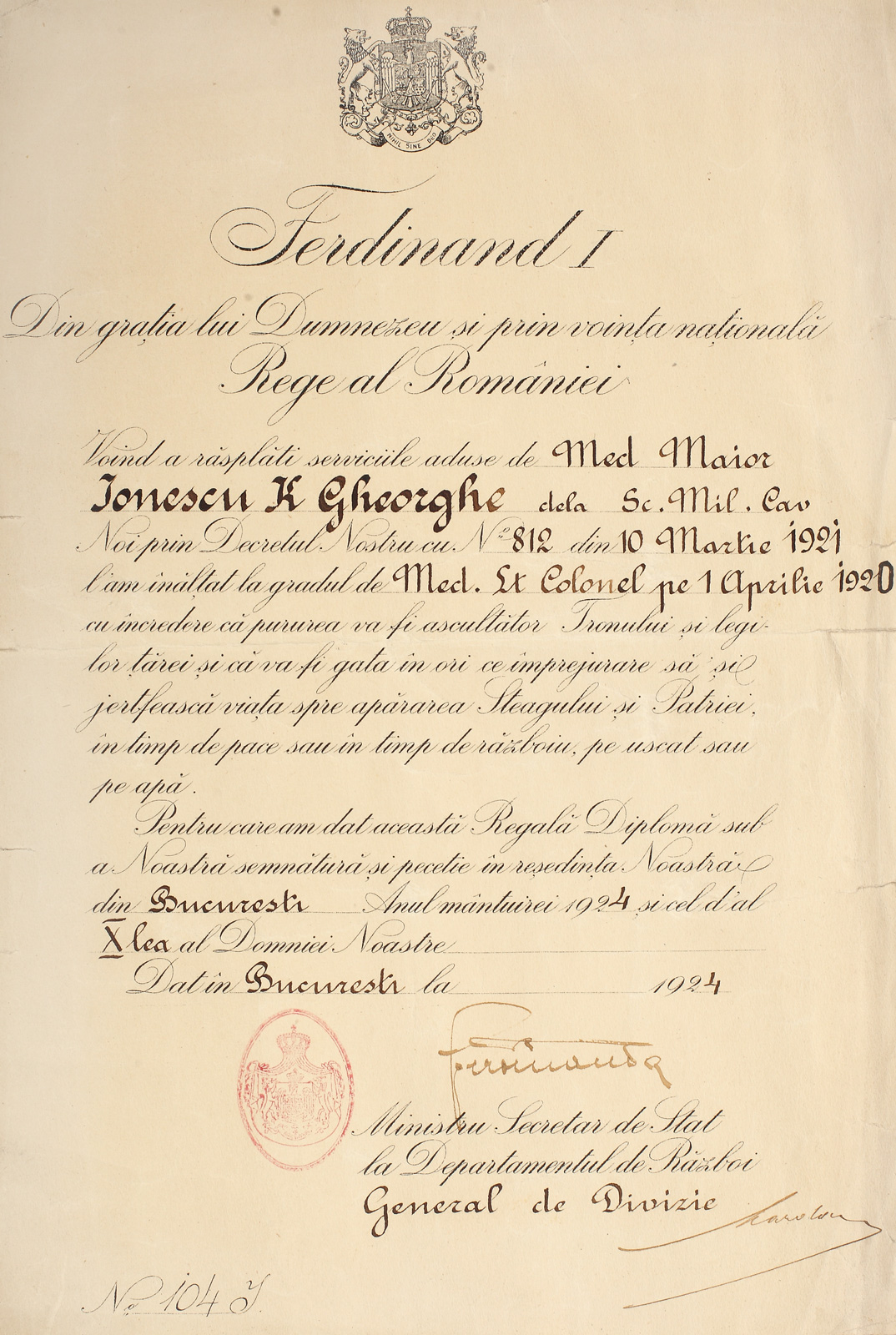Brevet de înaintare în grad de medic locotenent-colonel, semnat olograf de Regele Ferdinand