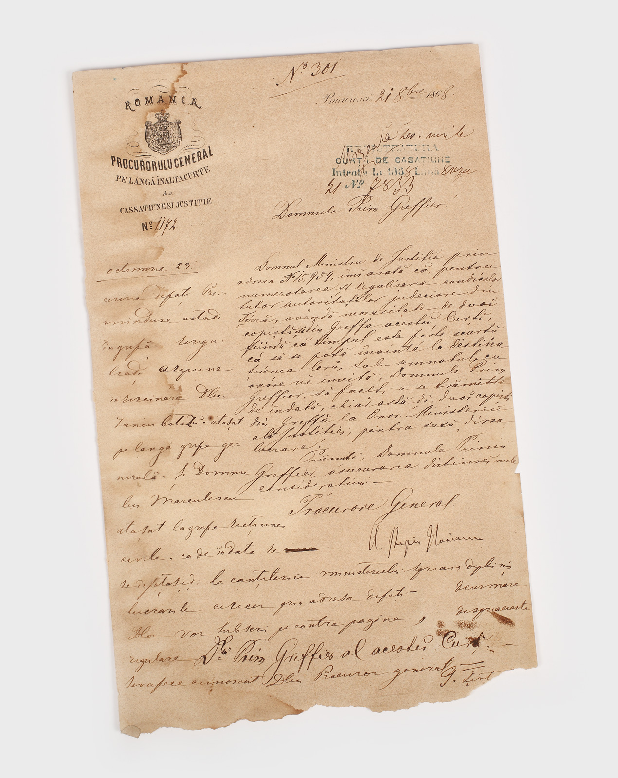 Scrisoare a procurorului general al României, Alexandru Papiu Ilarian, purtând semnătura olografă