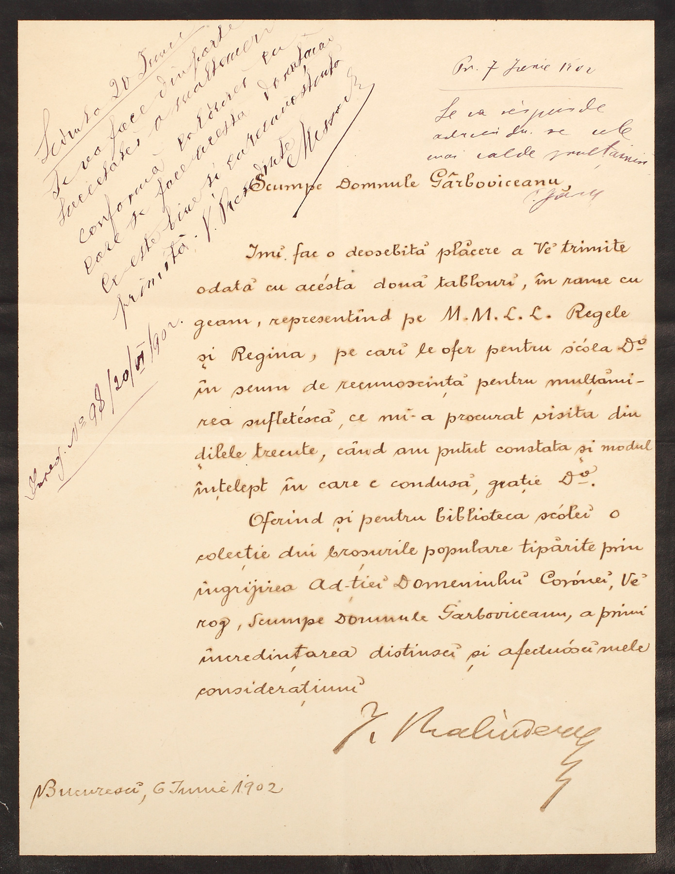 Scrisoare a academicianului Ion Kalinderu, bibliotecarul Regelui Carol I, purtând semnătura olografă