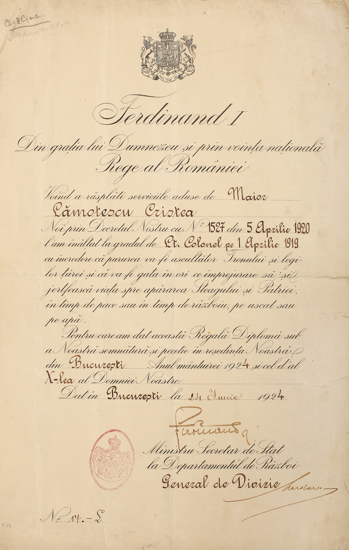 Brevet de înaintare în grad de locotenent-colonel, purtând semnătura olografă a Regelui Ferdinand
