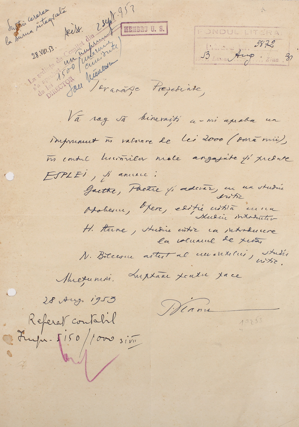 Scrisoare a scriitorului Tudor Vianu către președintele Uniunii Scriitorilor, purtând semnătura olografă