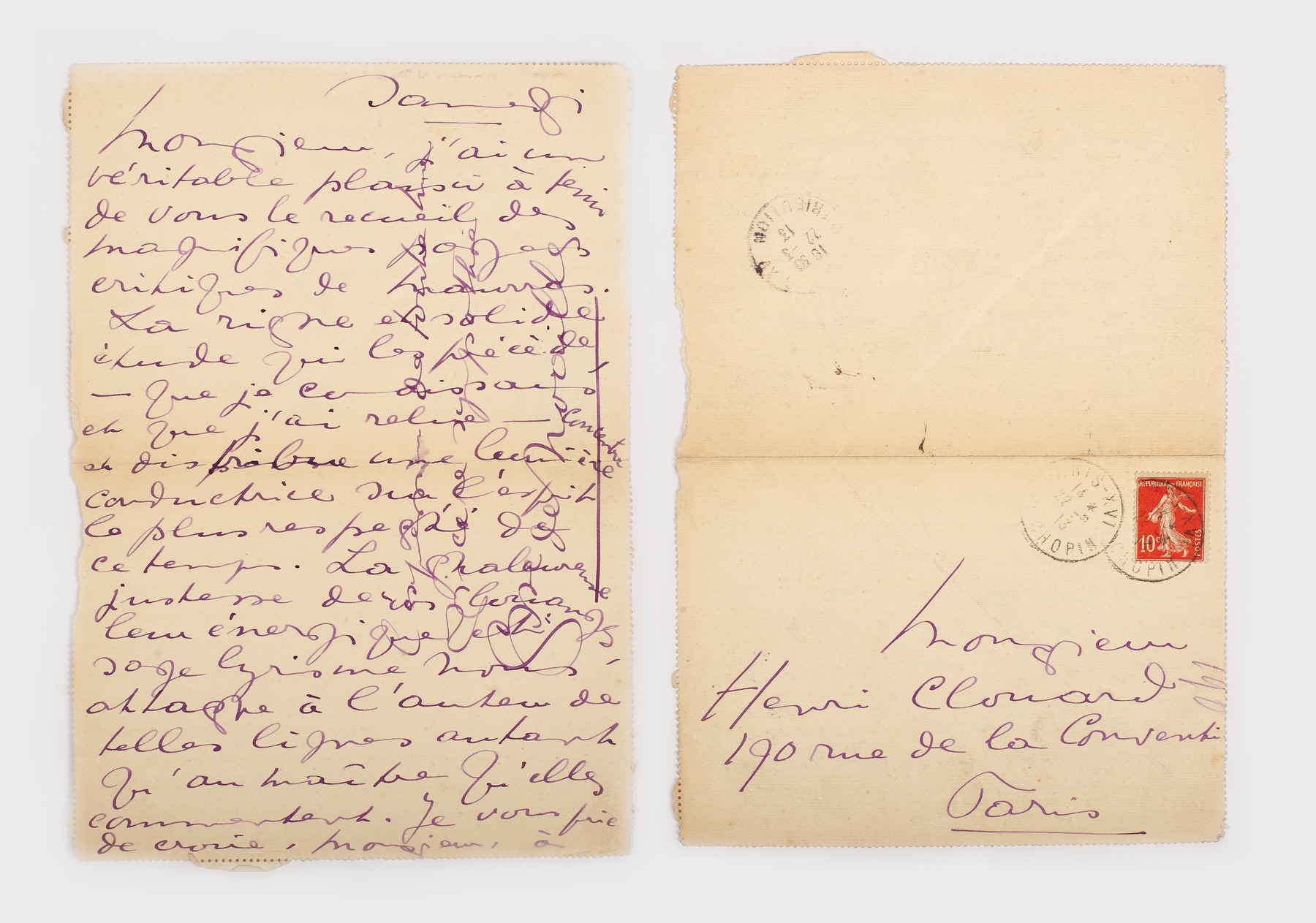Scrisoare a scriitoarei Anna de Noailles, purtând semnătura olografă