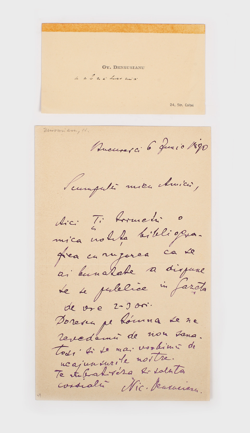 Scrisoare a istoricului Nicolae Densușianu, purtând semnătura olografă
