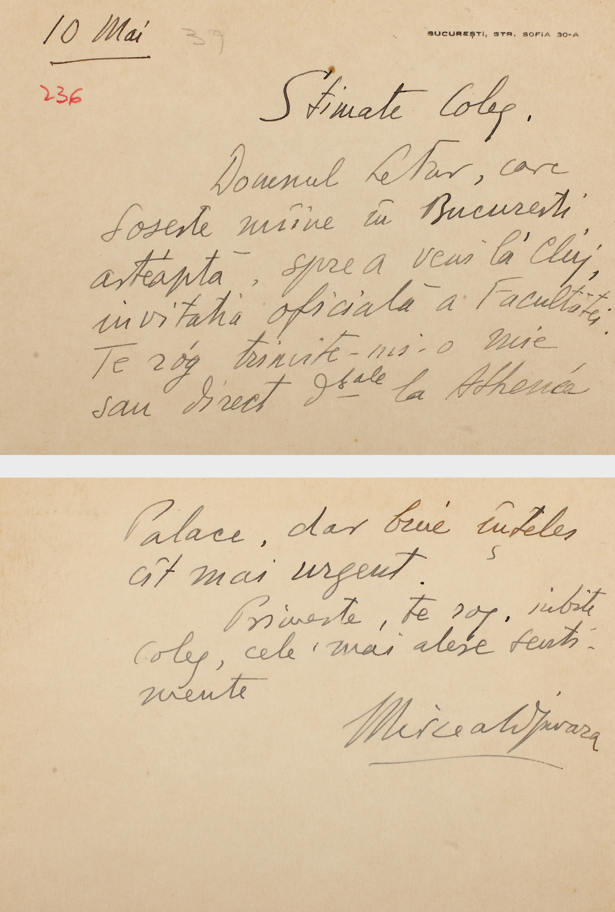Depeșa transmisă de filosoful Mircea Djuvara, purtând semnătura olografă