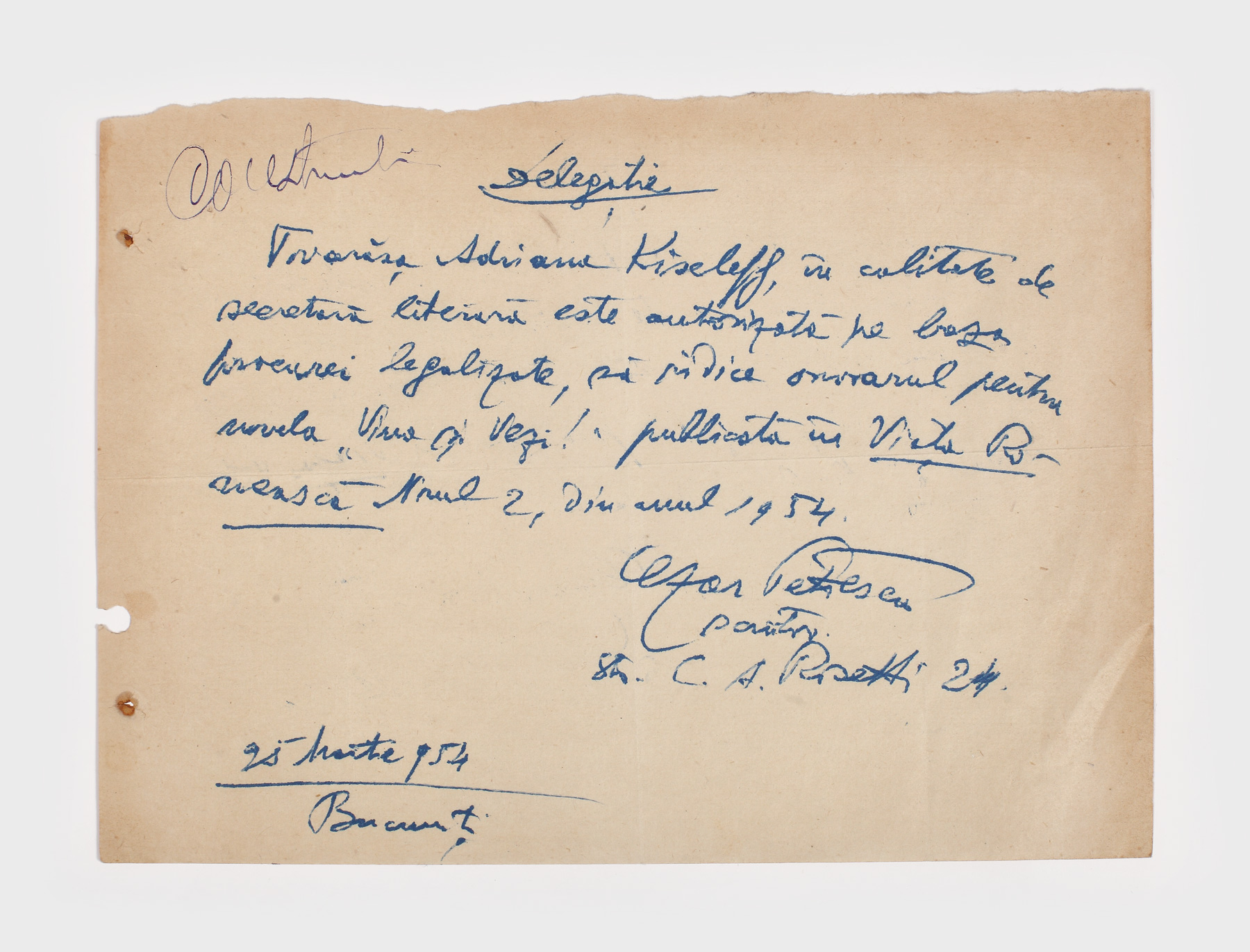 Document scris de scriitorul Cezar Petrescu, purtând semnătura olografă