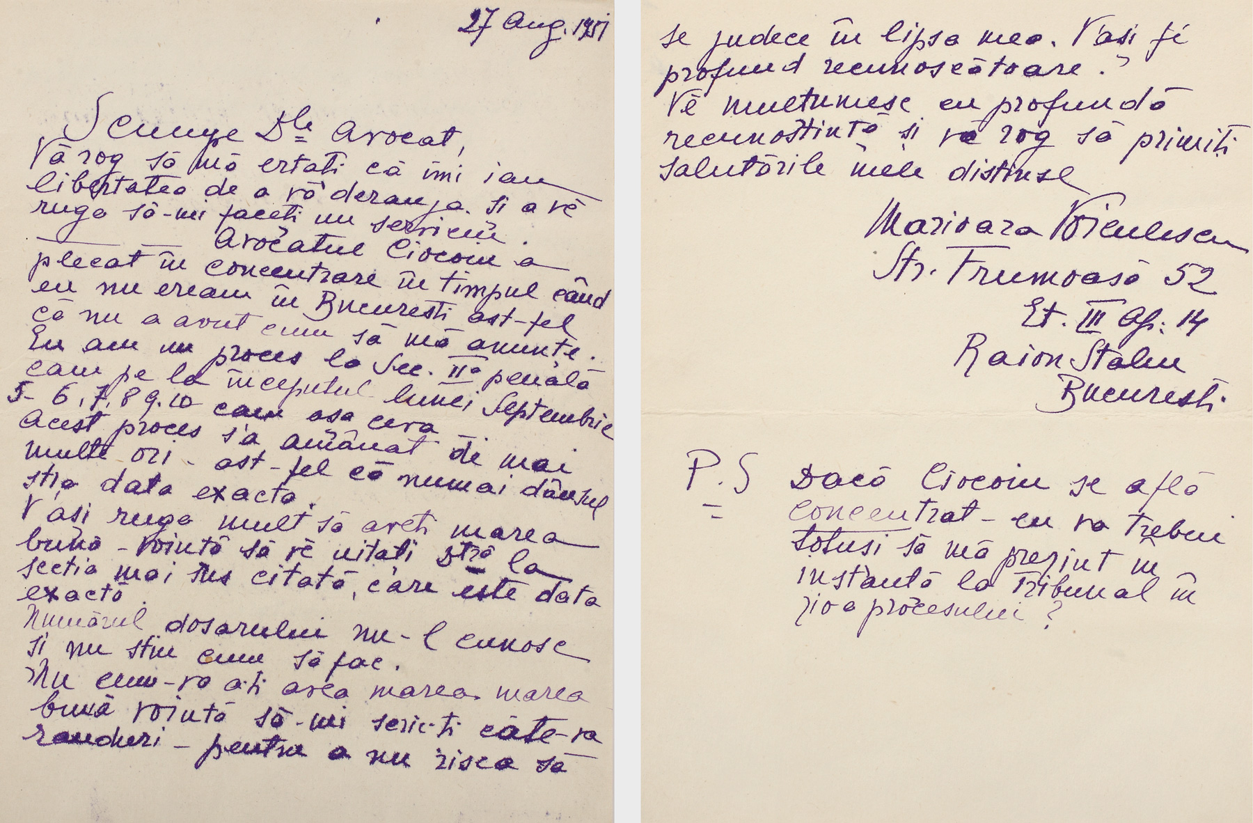 Scrisoare a actriței Mărioara Voiculescu, purtând semnătura olografă