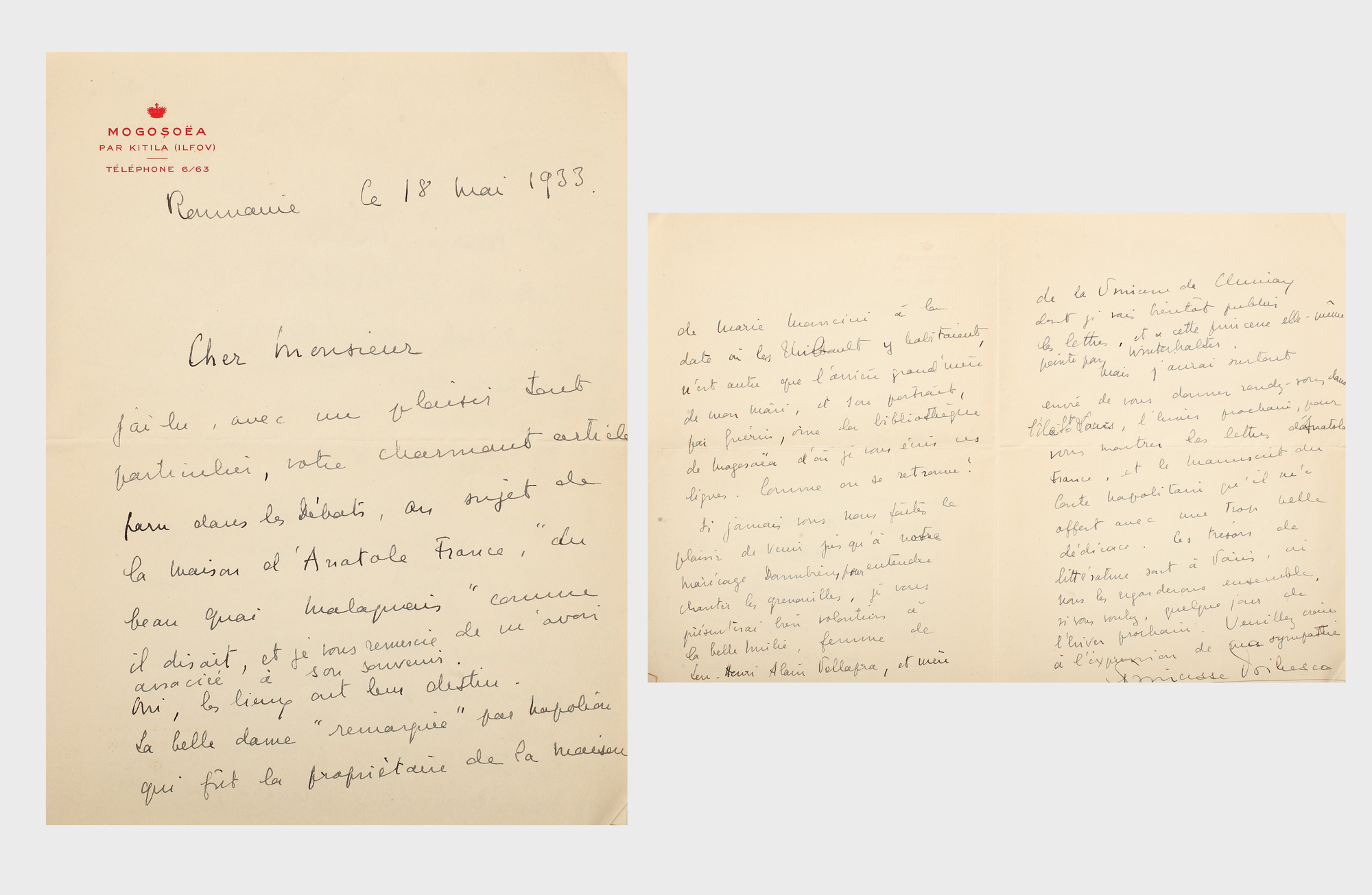 Scrisoare a prințesei Martha Bibescu, purtând semnătura olografă