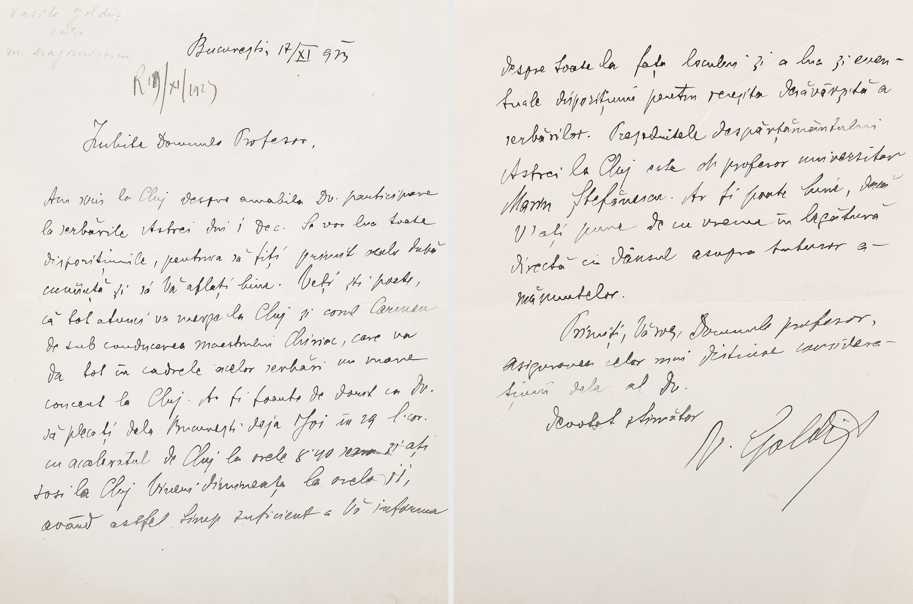 Scrisoare a academicianului Vasile Goldiș, purtând semnătura olografă