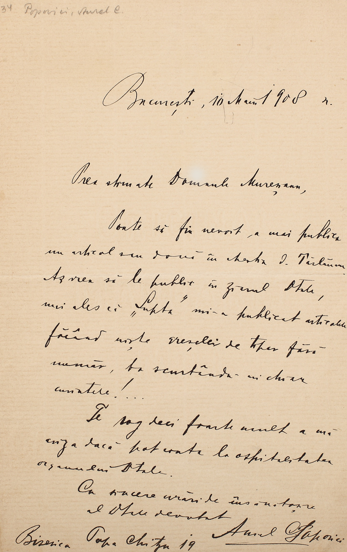 Scrisoare a politicianului transilvănean Aurel C. Popovici, purtând semnătura olografă