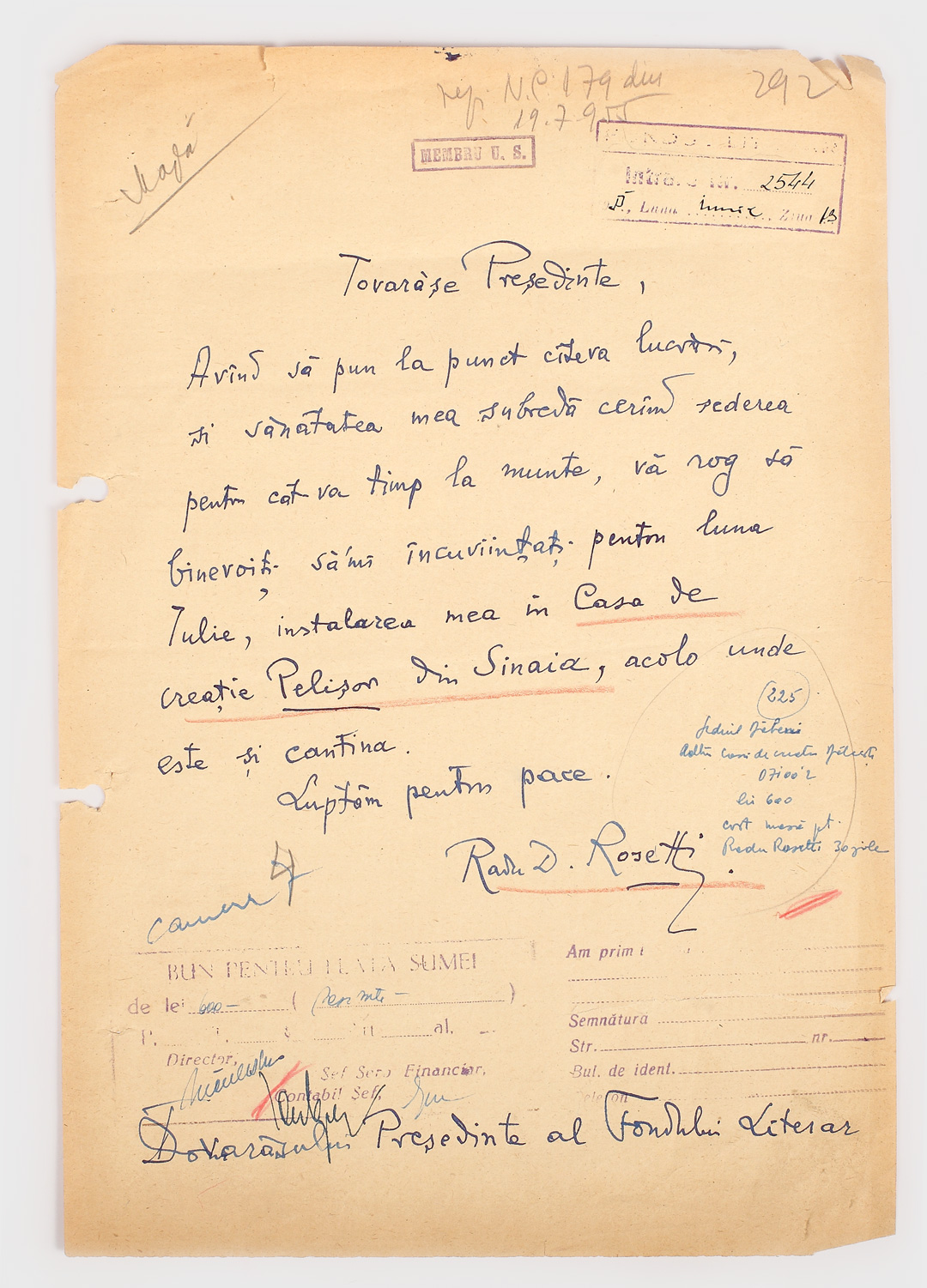 Cererea a scriitorului Radu Rosetti către președintele Fondului Literar, purtând semnătura olografă
