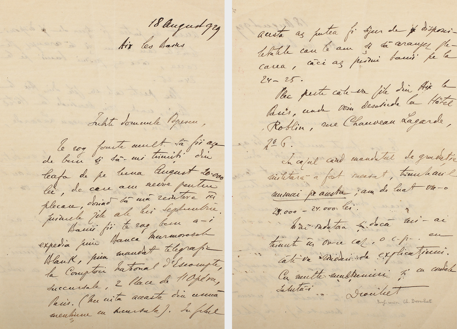 Scrisoare a istoricului literar român Charles Drouhet, purtând semnătura olografă