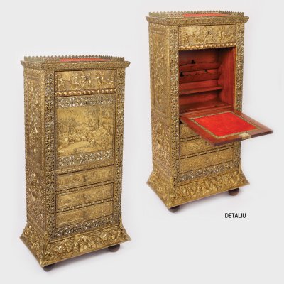 Inedit cabinet secretaire din alamă, amplu decorat cu îngerași, cca. 1895, piesă de colecție