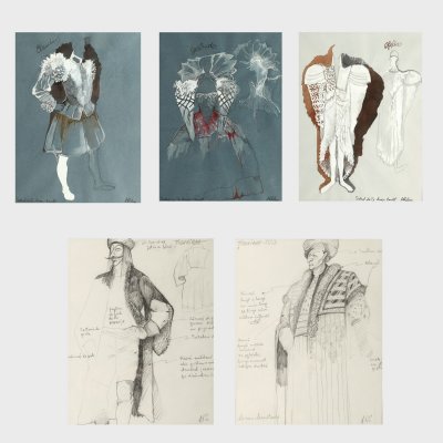 Lot alcătuit din cinci schiţe pentru costumele spectacolelor "Hamlet" şi "Ţiganiada"