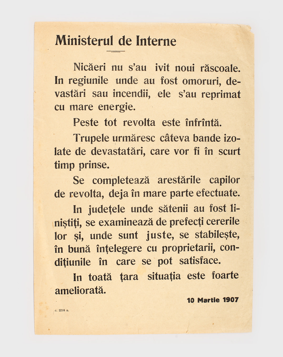 Foaie volantă emisă de Ministerul de Interne, privind înăbuşirea Răscoalei de la 1907