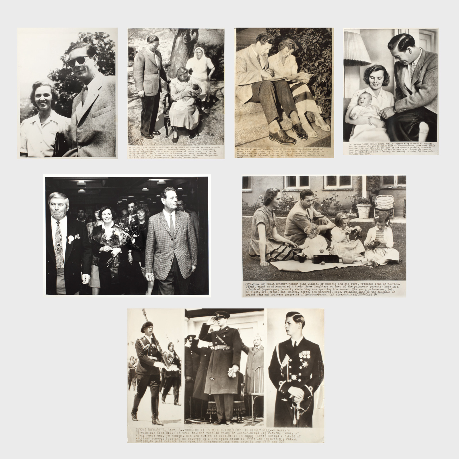 Lot format din 7 fotografii realizate pentru marile agenții de presă, ilustrând viaţa fostului rege Mihai I, după exilul acestuia din 31 Decembrie 1947