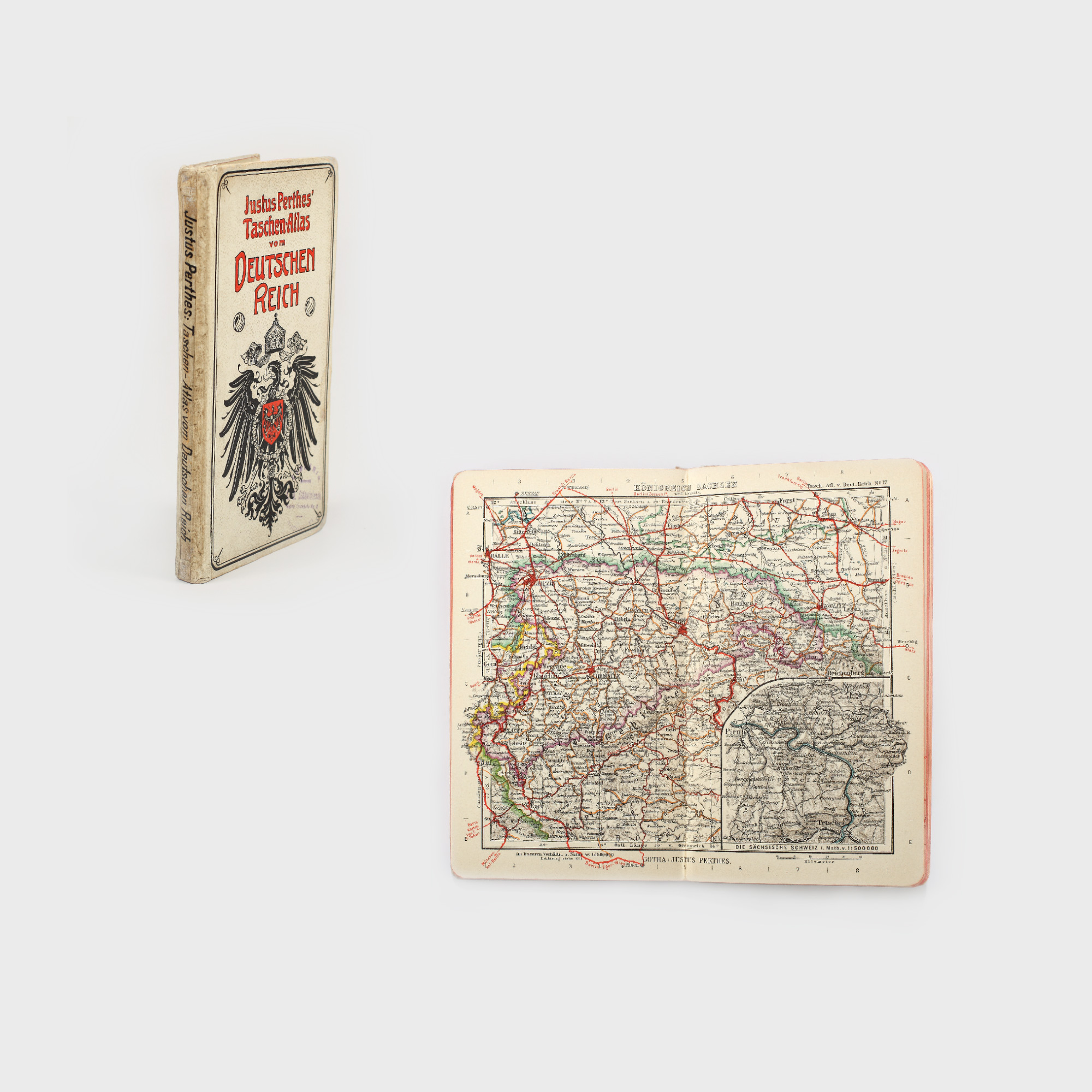 Atlas de buzunar, Imperiul German, 1914, conţinând 24 de hărţi gravate şi date geografice şi statistice