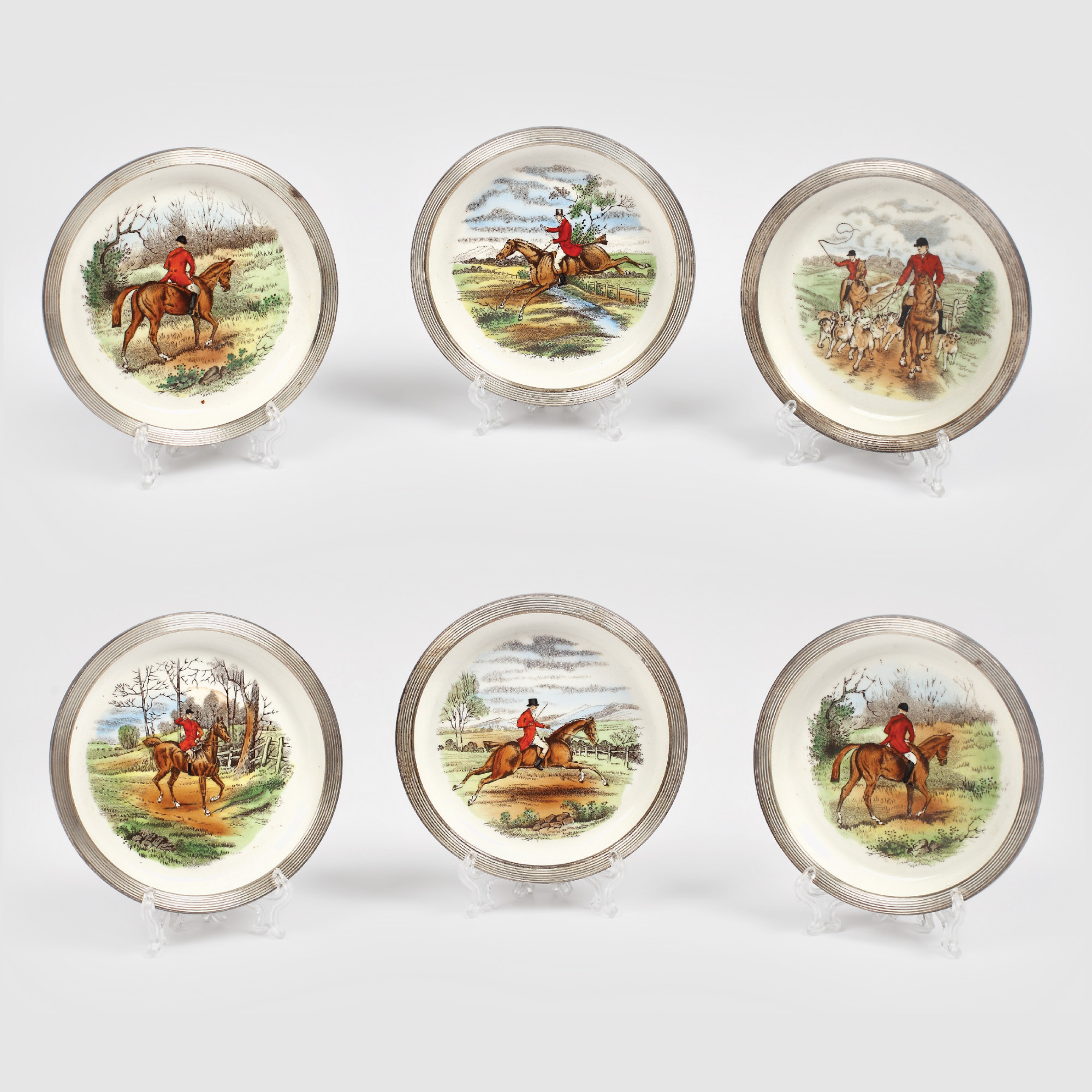 Set Copeland Spode de şase suporturi, montate în argint, cu decoruri după desenele pictorului hipic John Frederick Herring, începutul sec. XX
