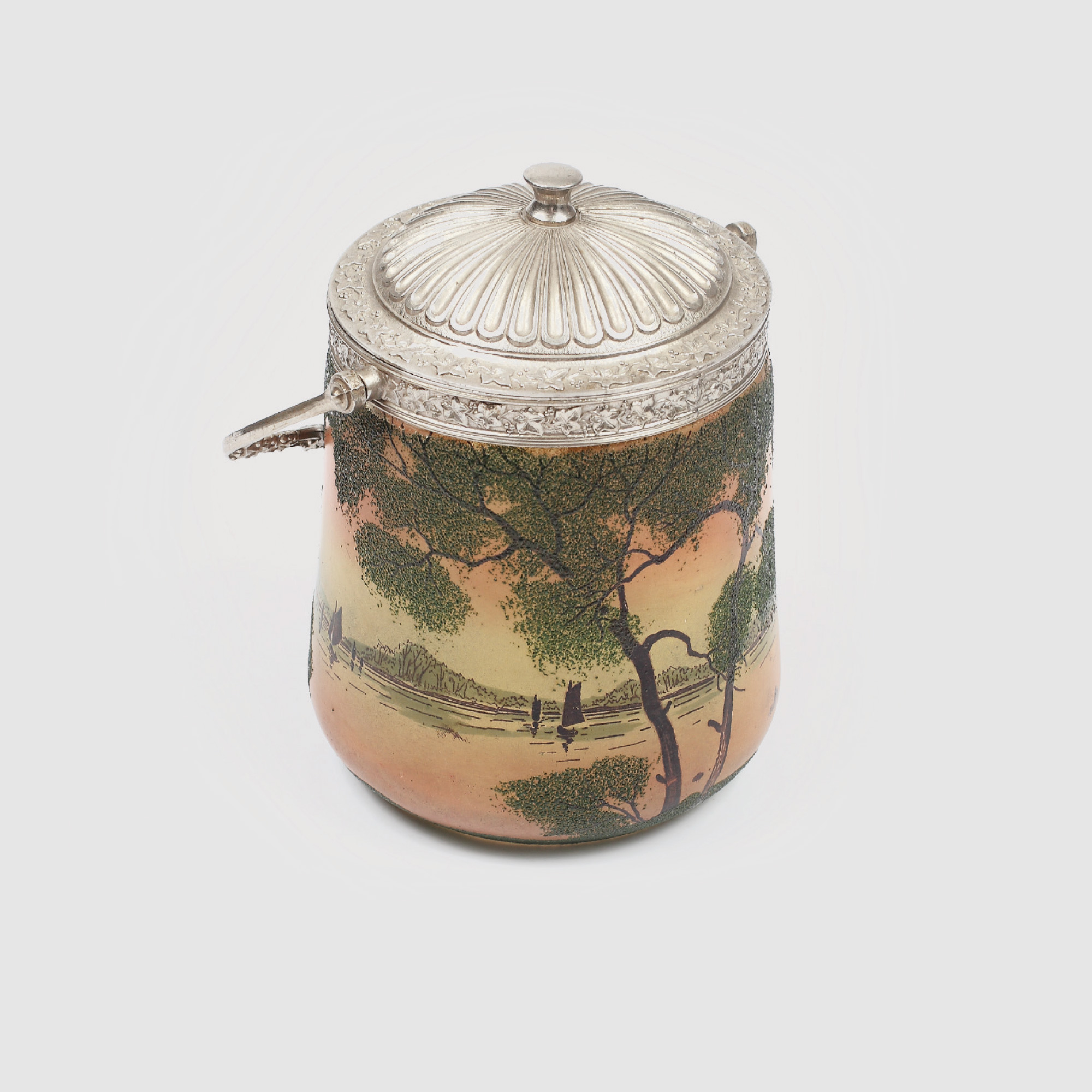 Biscotieră Legras, stil Art Nouveau, decorată cu peisaj lacustru, cca.1910-1916