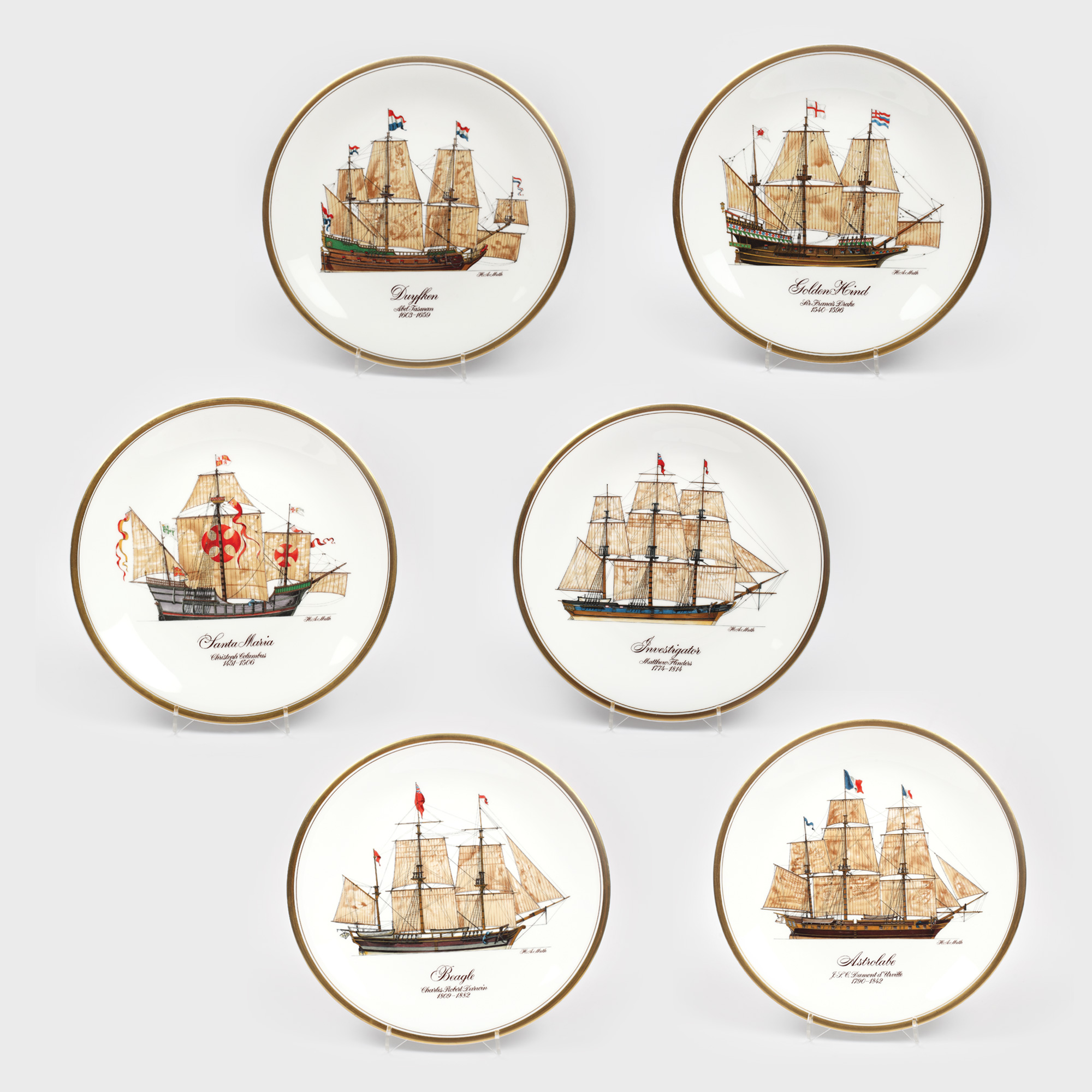 "The Ships of Discovery" - set de farfurii din porţelan Royal Worcester, decorate cu ambarcaţiuni ale expediţiilor geografice importante, piese de colecţie