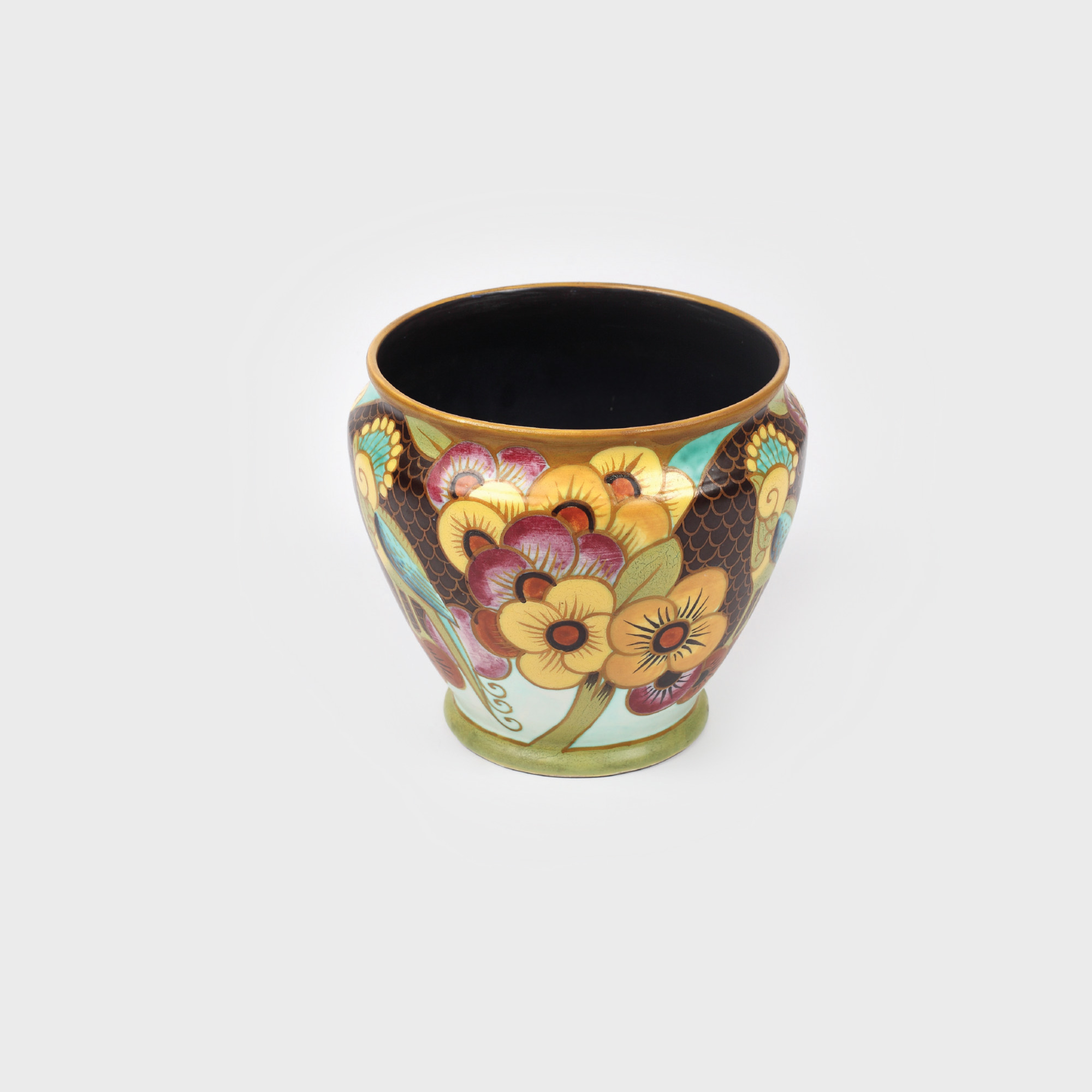 Cache-pot Boch Frères în stil Art Deco, decorat cu pasărea paradisului, designer Charles Catteau, cca. 1933