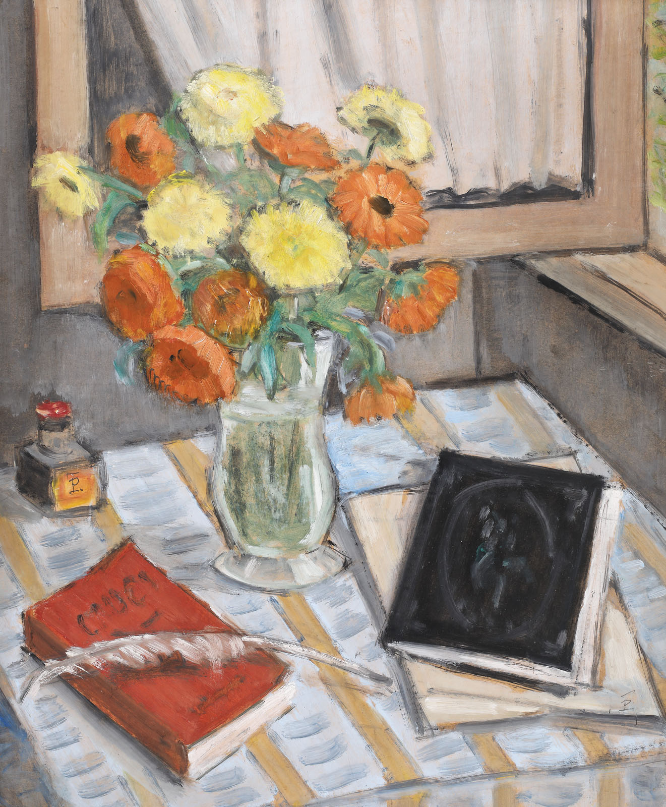 Still life with youth-and-old-age flowers and ink bottle