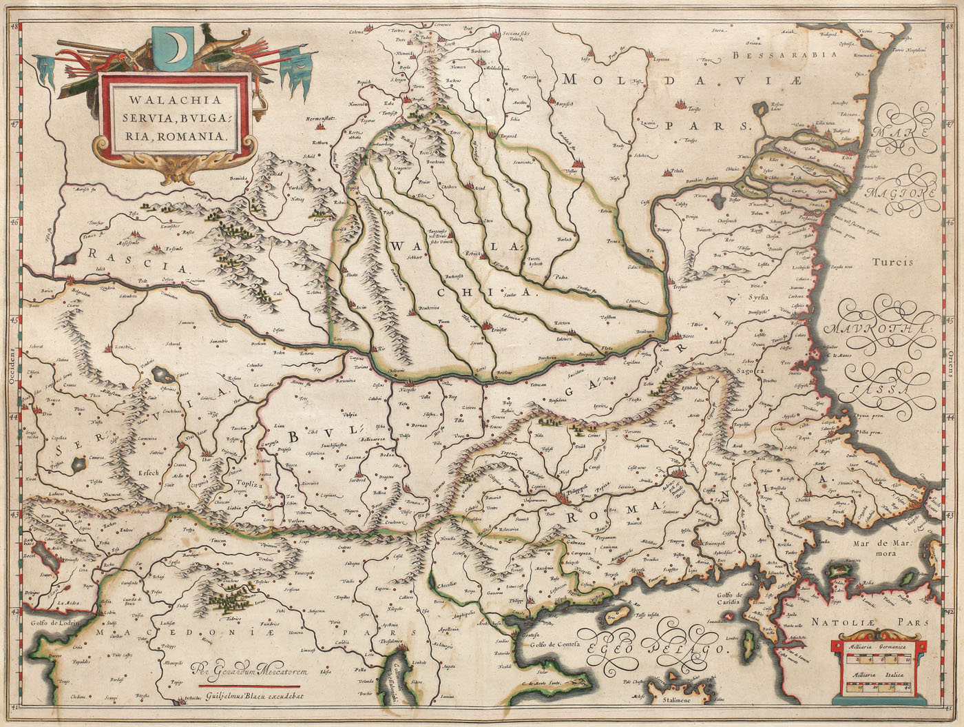Hartă a Valahiei de Gerard Mercator, gravată și colorată manual de Guijelmus Bleau, cca. 1630
