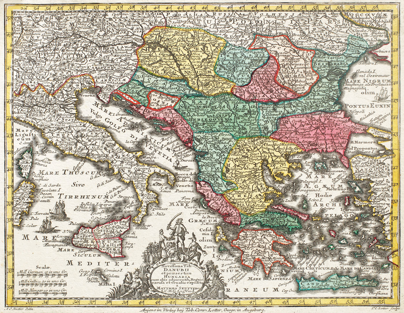 Hartă a țărilor din regiunea Dunării inferioare, de Seutter, cca. 1750