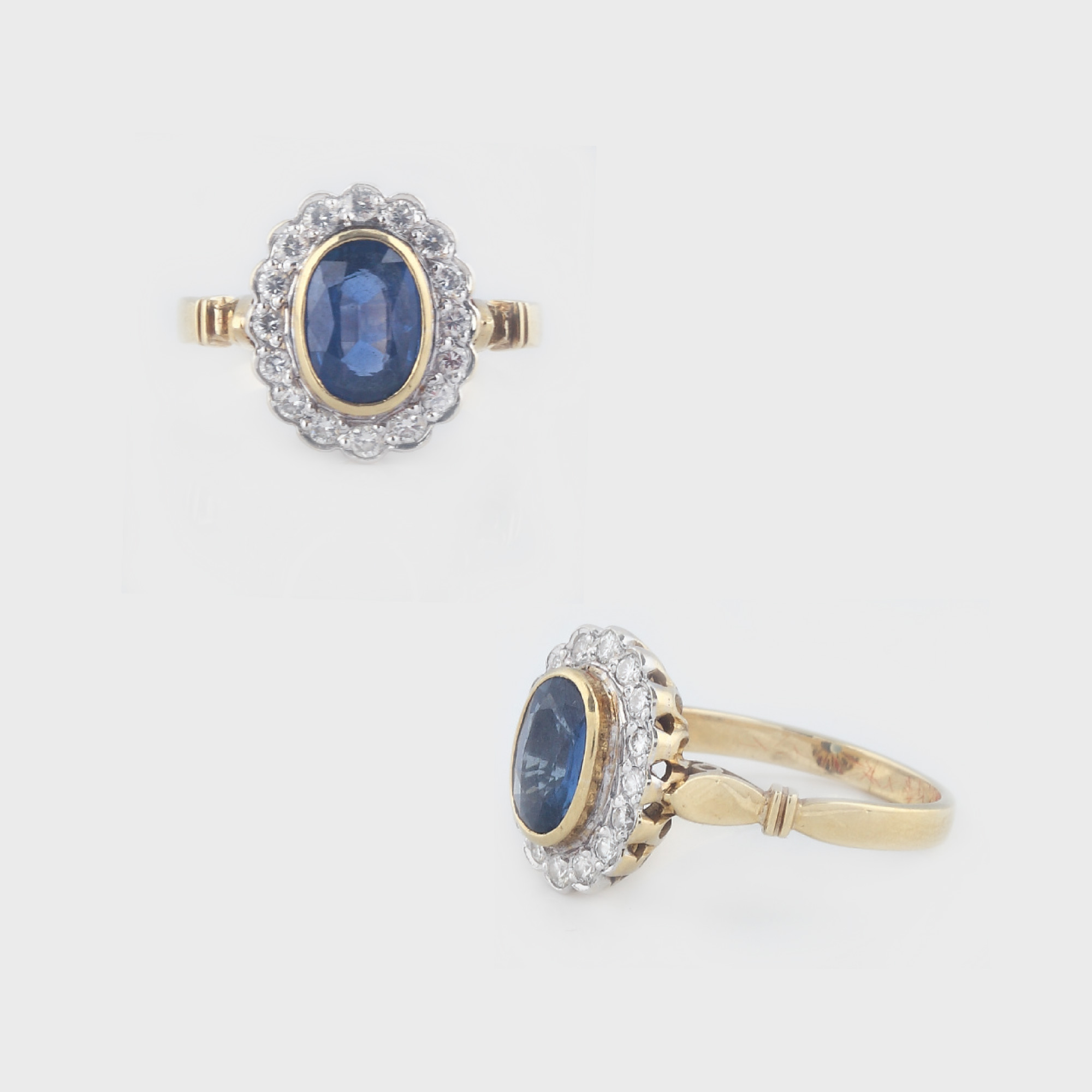 Inel din aur, decorat cu safir anturat de diamante